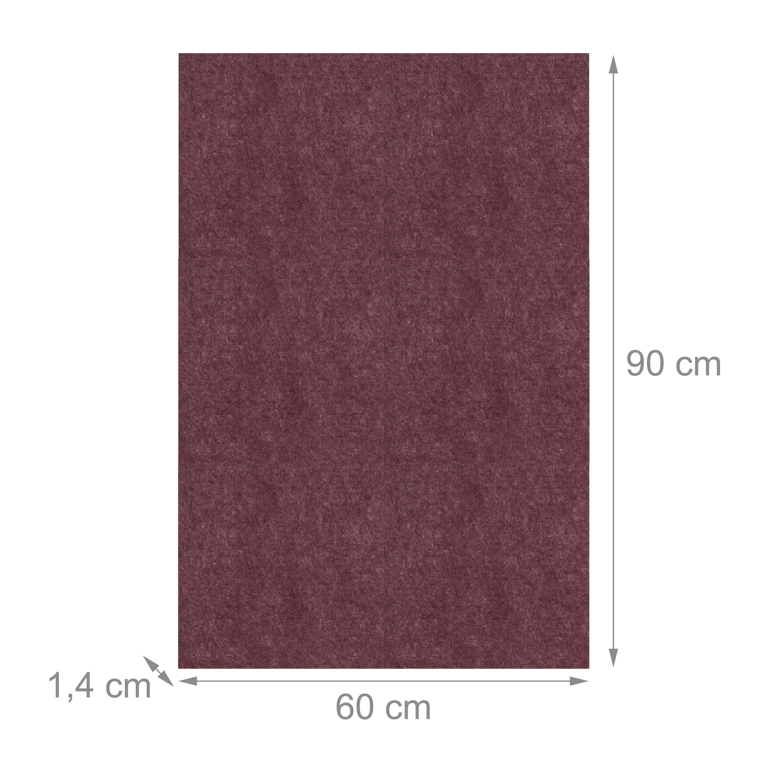 Dunkelrotes rechteckiges Filzpaneel mit Maßen 90 cm Höhe, 60 cm Breite und 1,4 cm Dicke.