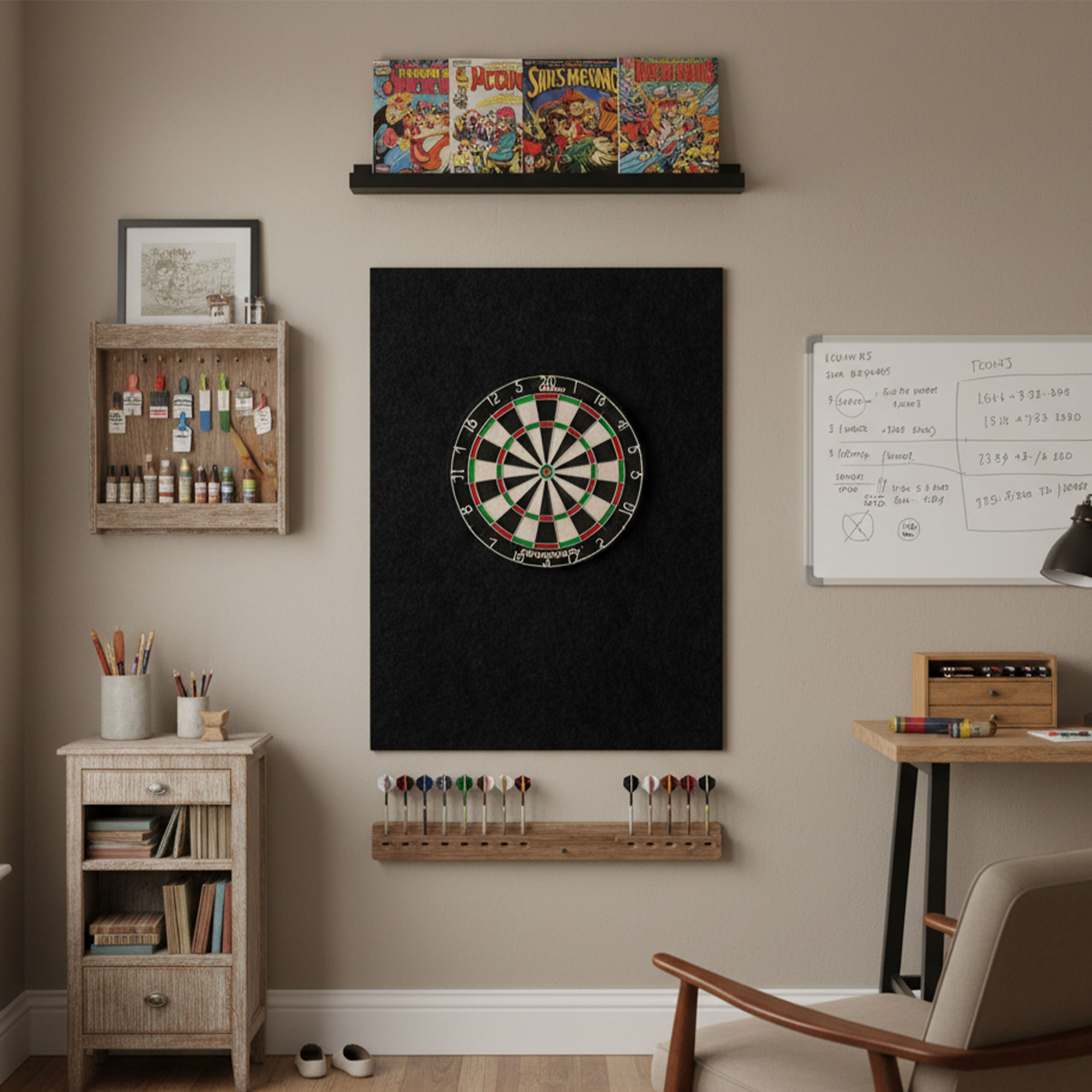 Eine Dartscheibe hängt auf schwarzem Grund an einer Wand, flankiert von Comics, Malutensilien und einem Whiteboard.