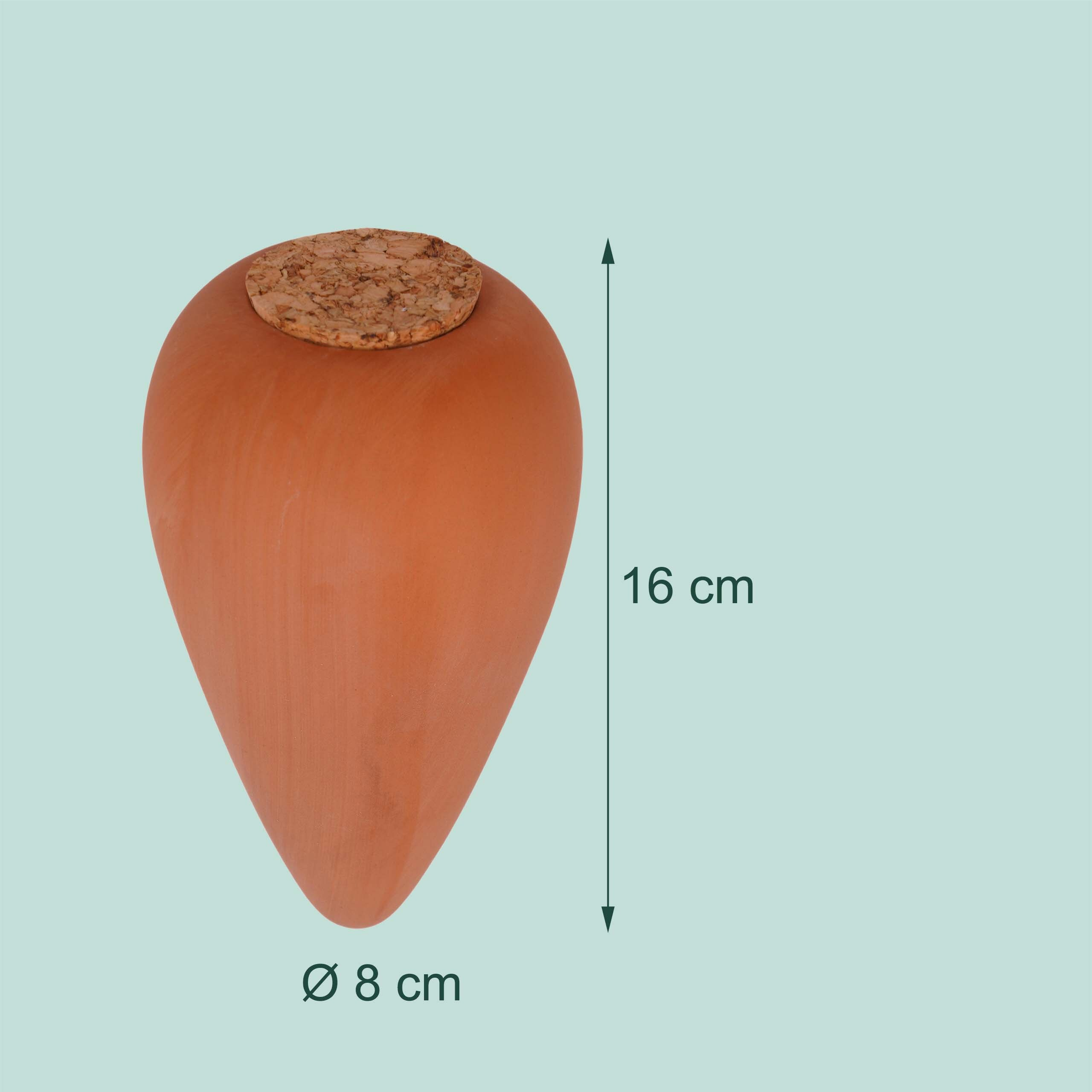 Terrakotta-Pflanzenbewässerer in Kegelform mit Korkverschluss, 16 cm Höhe und 8 cm Durchmesser.