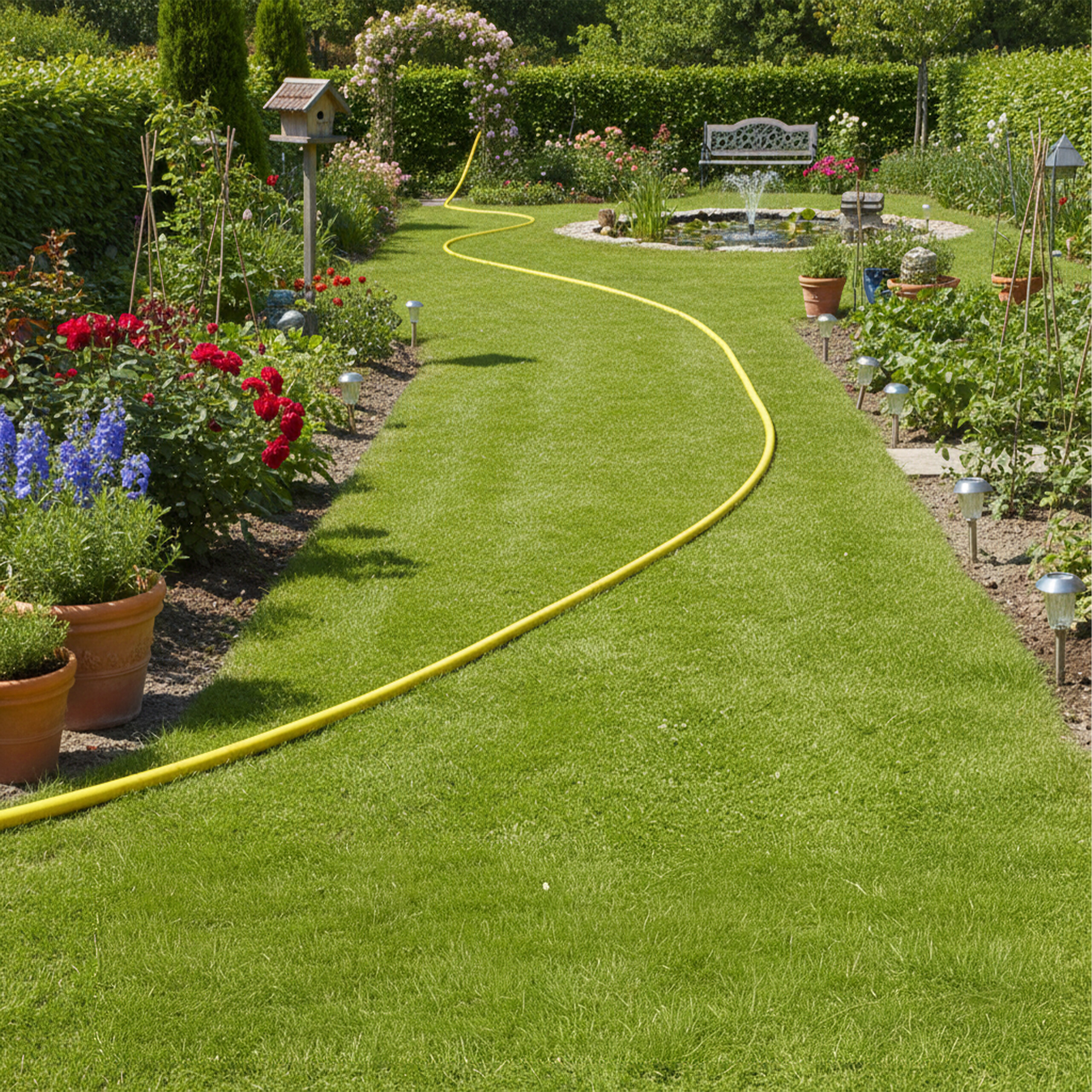 Ein üppiger grüner Garten mit einem gelben Schlauch, der über den Rasen führt, umgeben von Blumenbeeten, einem Teich und einer Bank.