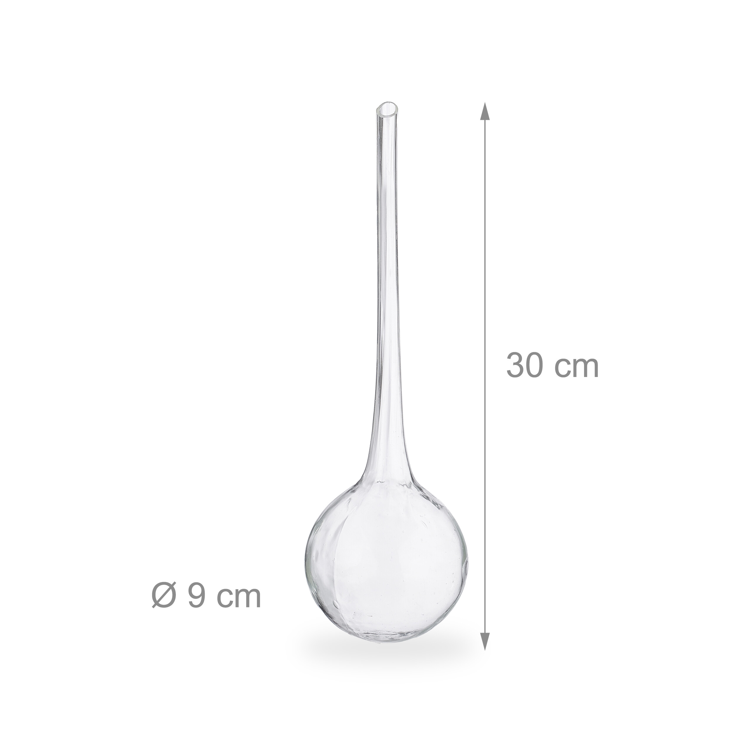Klares Glasvasen, 30 cm hoch mit 9 cm runder Basis und langem, schmalem Hals, vor weißem Hintergrund.