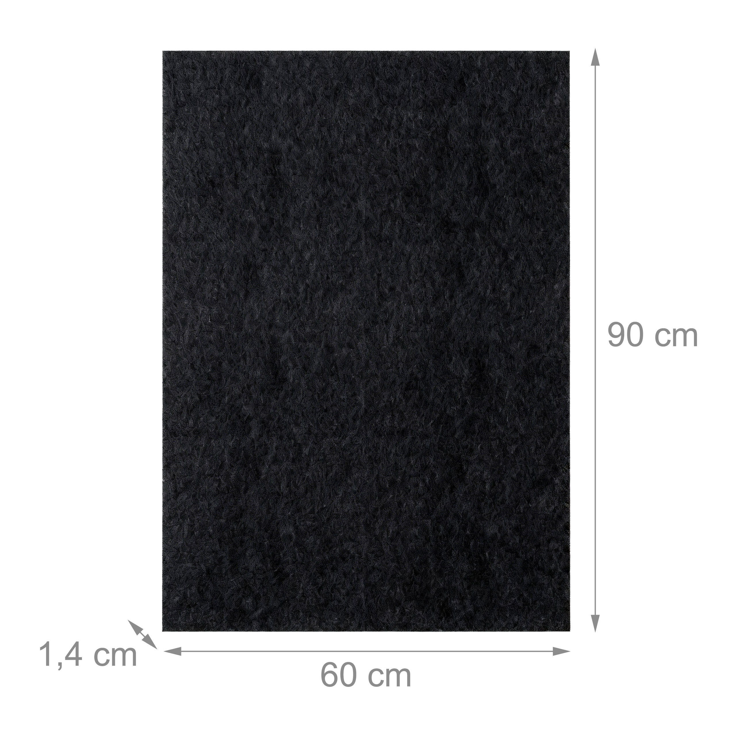 Eine schwarze, rechteckige Matte, 60 cm breit, 90 cm hoch und 1,4 cm dick auf weißem Hintergrund.