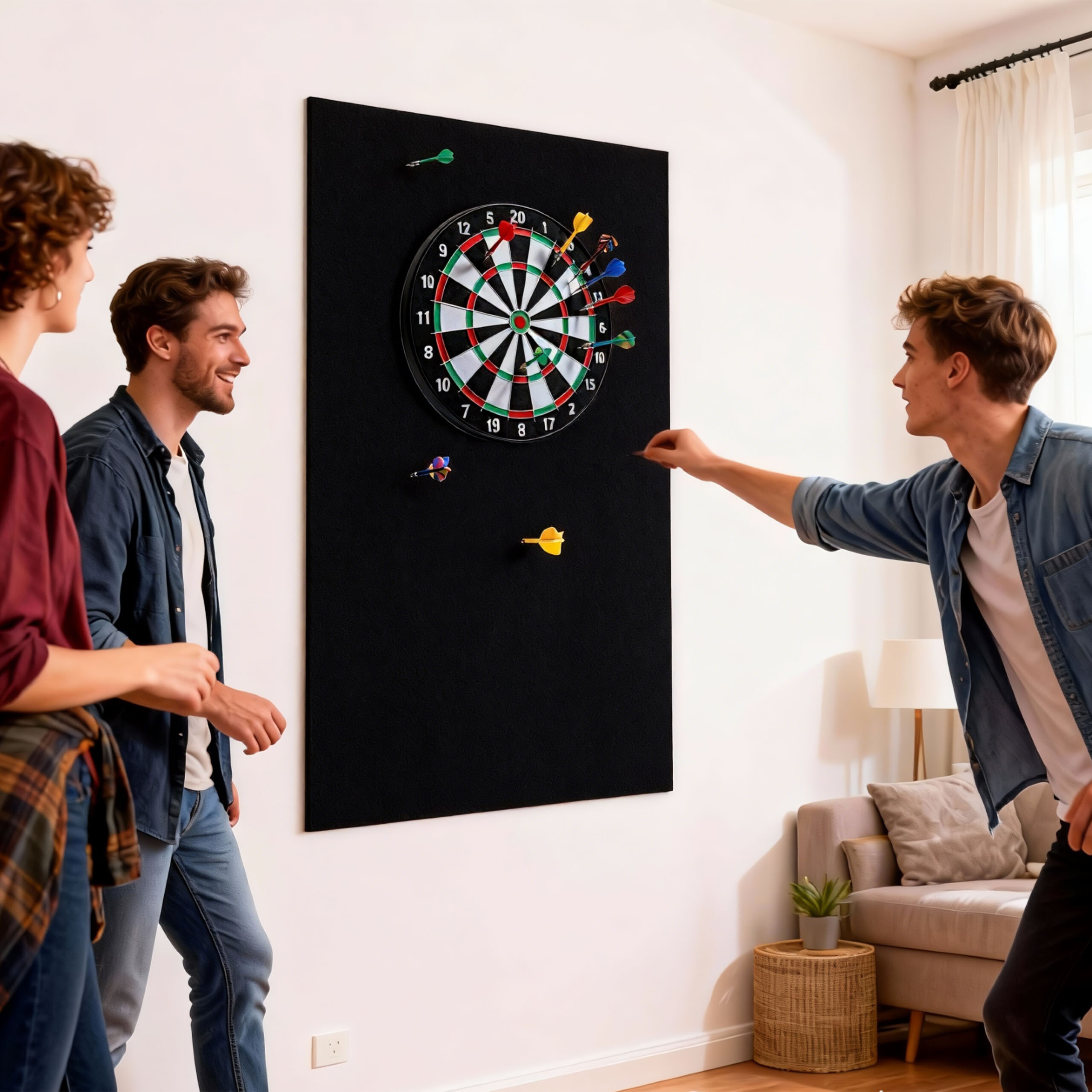 Freunde werfen Darts auf eine Zielscheibe im Wohnzimmer.
