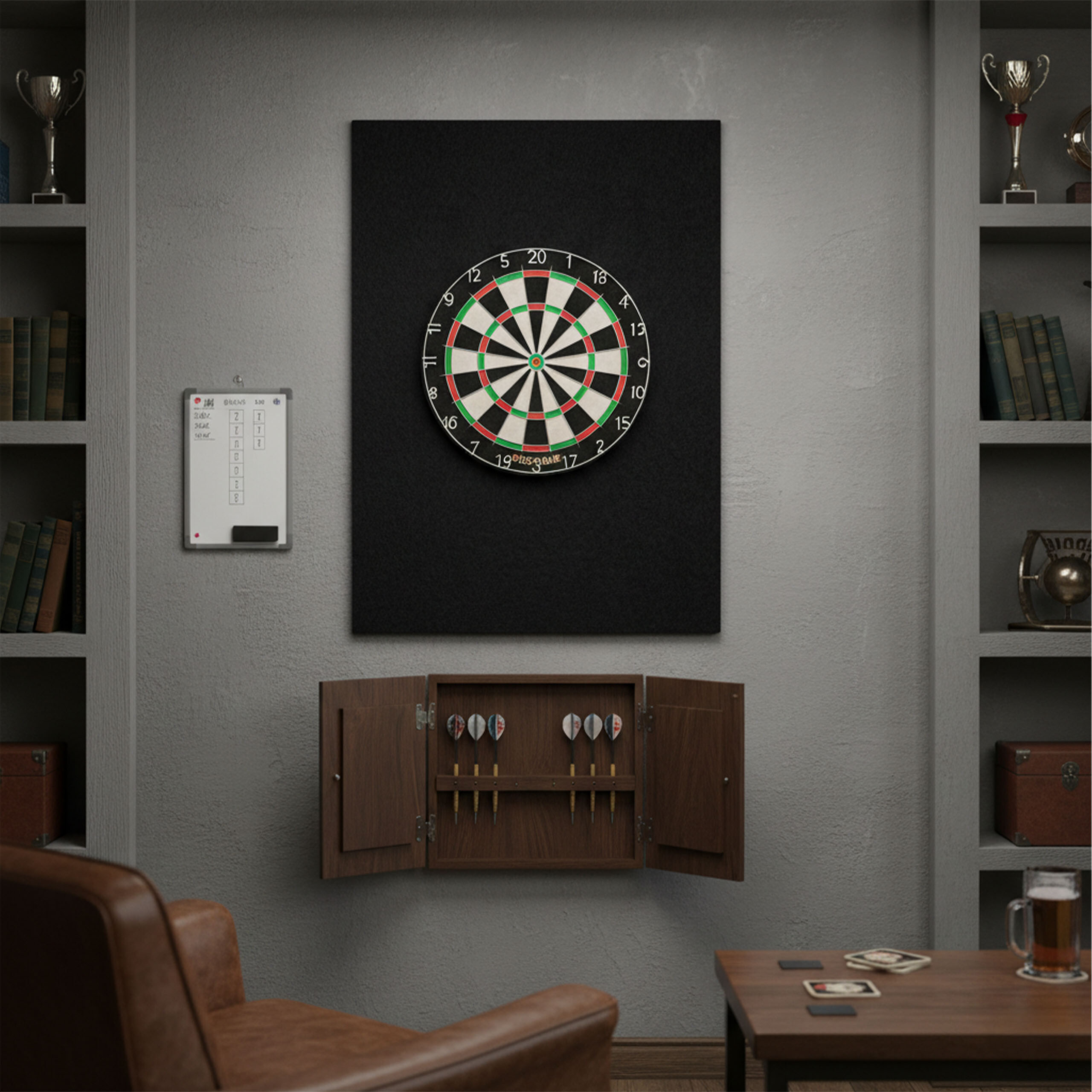 Eine Dartscheibe an einer grauen Wand, flankiert von Regalen, einer Anzeigetafel und einem Schrank.