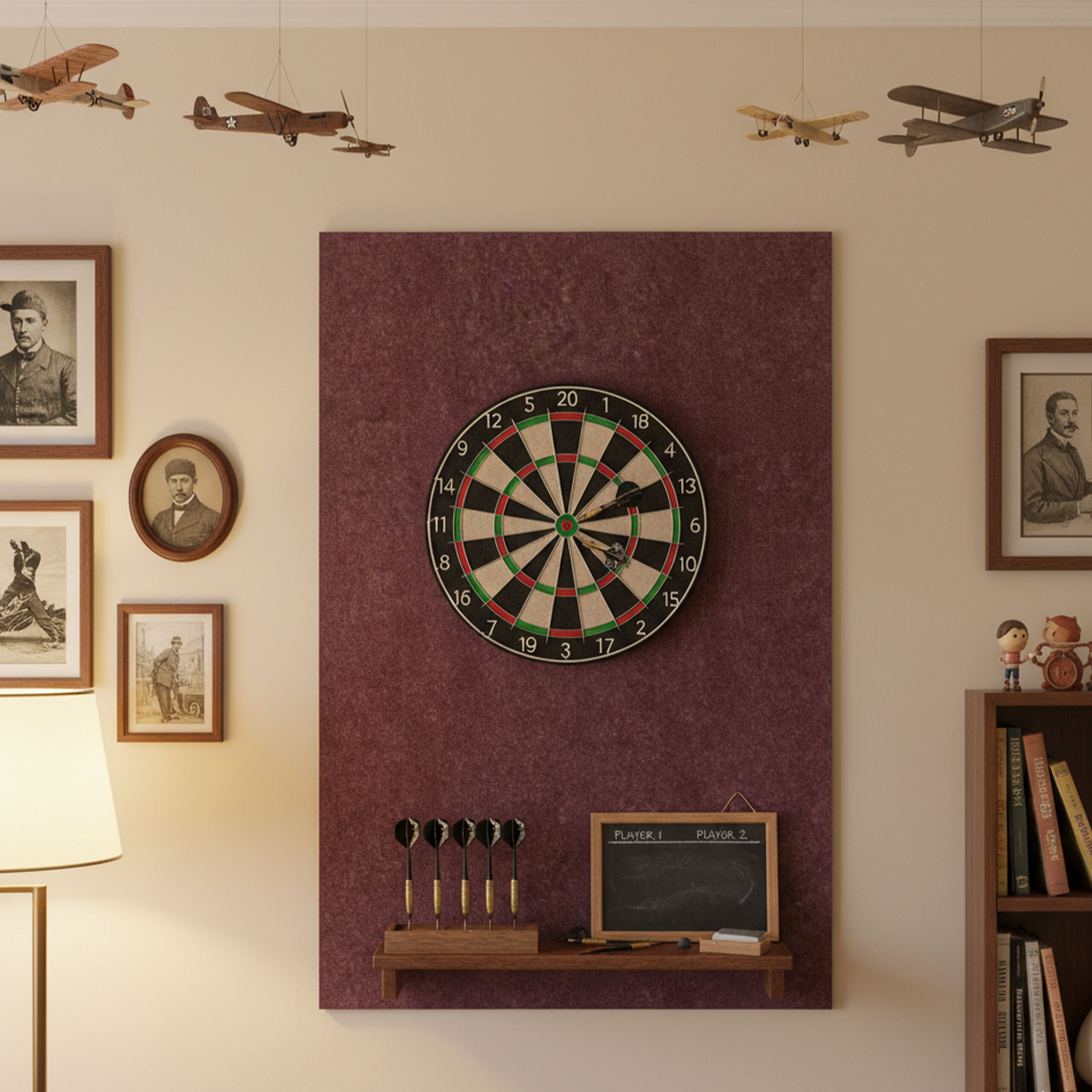 Eine Dartscheibe hängt an einer roten Wand, mit Spielzeugflugzeugen an der Decke und gerahmten Bildern drumherum.