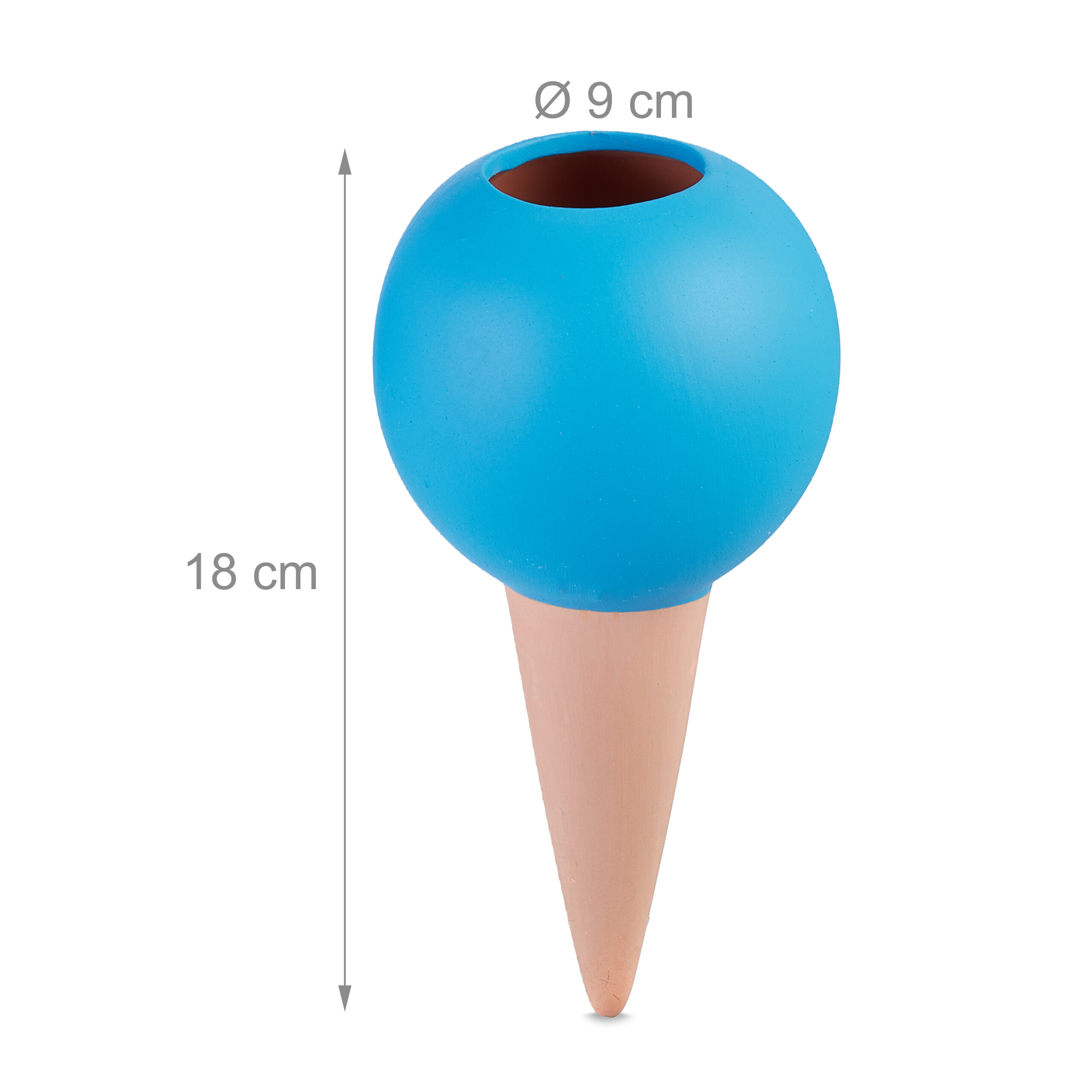 Ein blauer, kegelförmiger Blumentopf mit Maßen: 18 cm hoch, 9 cm Durchmesser oben.