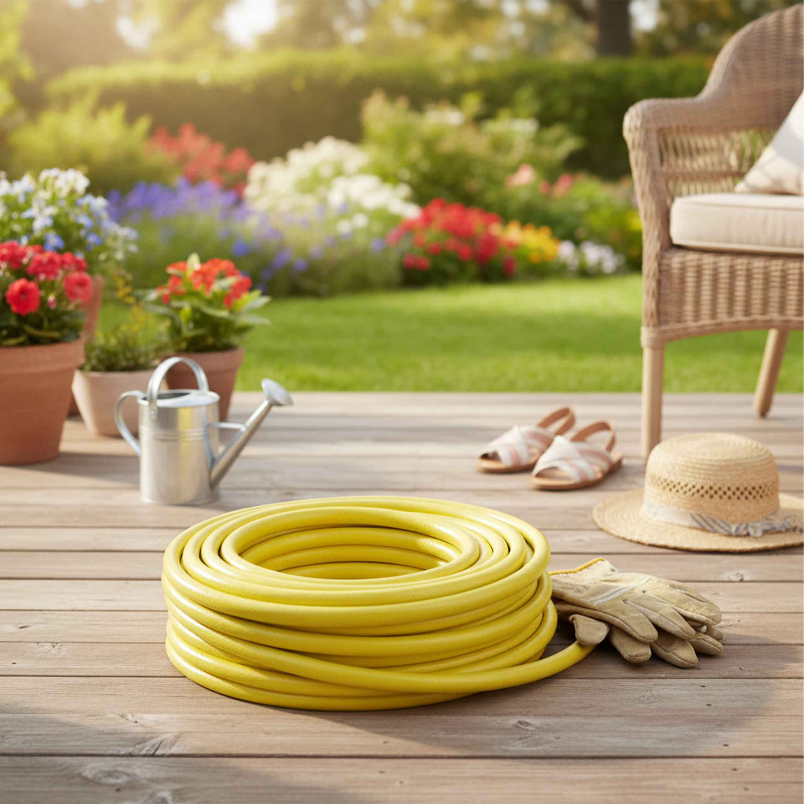 Ein gelber Gartenschlauch, Handschuhe, Hut und Gießkanne auf einer Holzterrasse im sonnigen Garten.