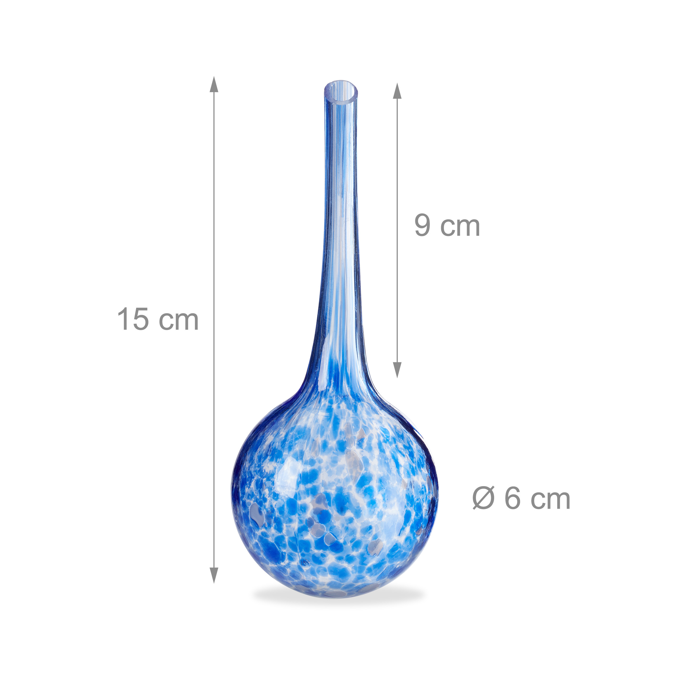 Eine blau-weiß gesprenkelte Glasvase mit den Maßen: 15 cm Höhe, 9 cm Hals und 6 cm Durchmesser.