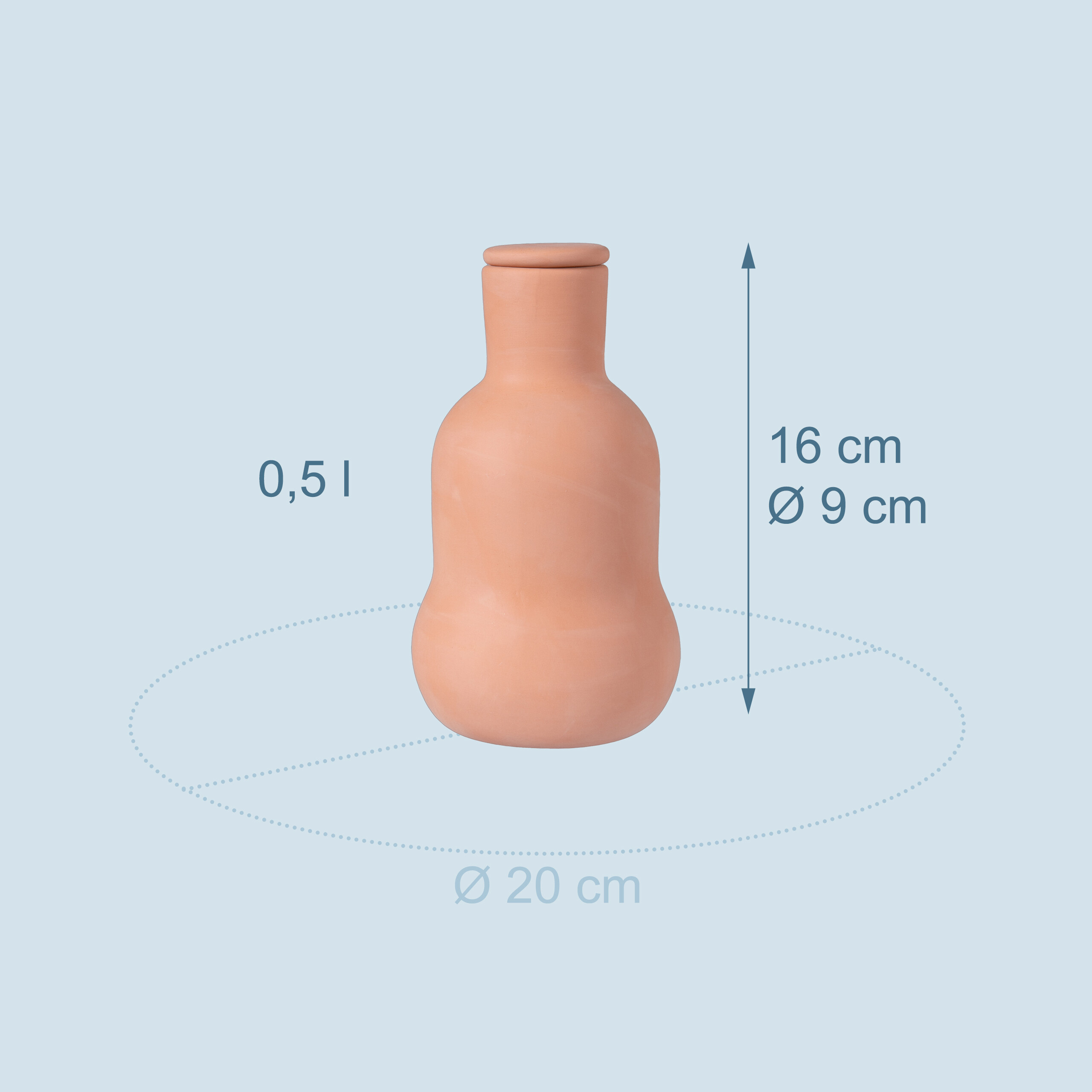 Terracotta-Flasche, 0,5 Liter, 16 cm hoch, mit Bemaßung auf hellblauem Hintergrund.