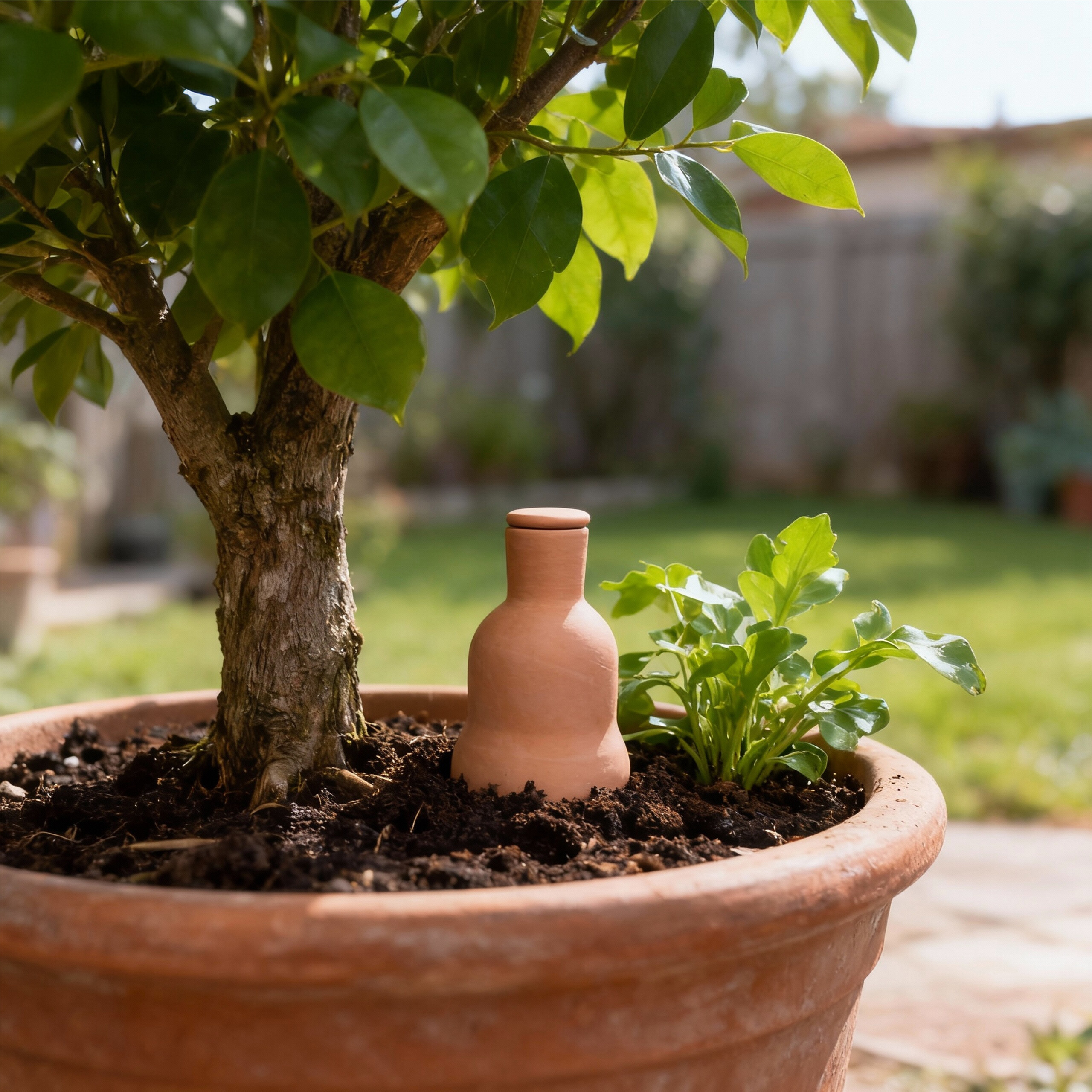 Ein Terrakotta-Olla-Bewässerungsgefäß im Blumentopf neben einer Pflanze und einem Baum.
