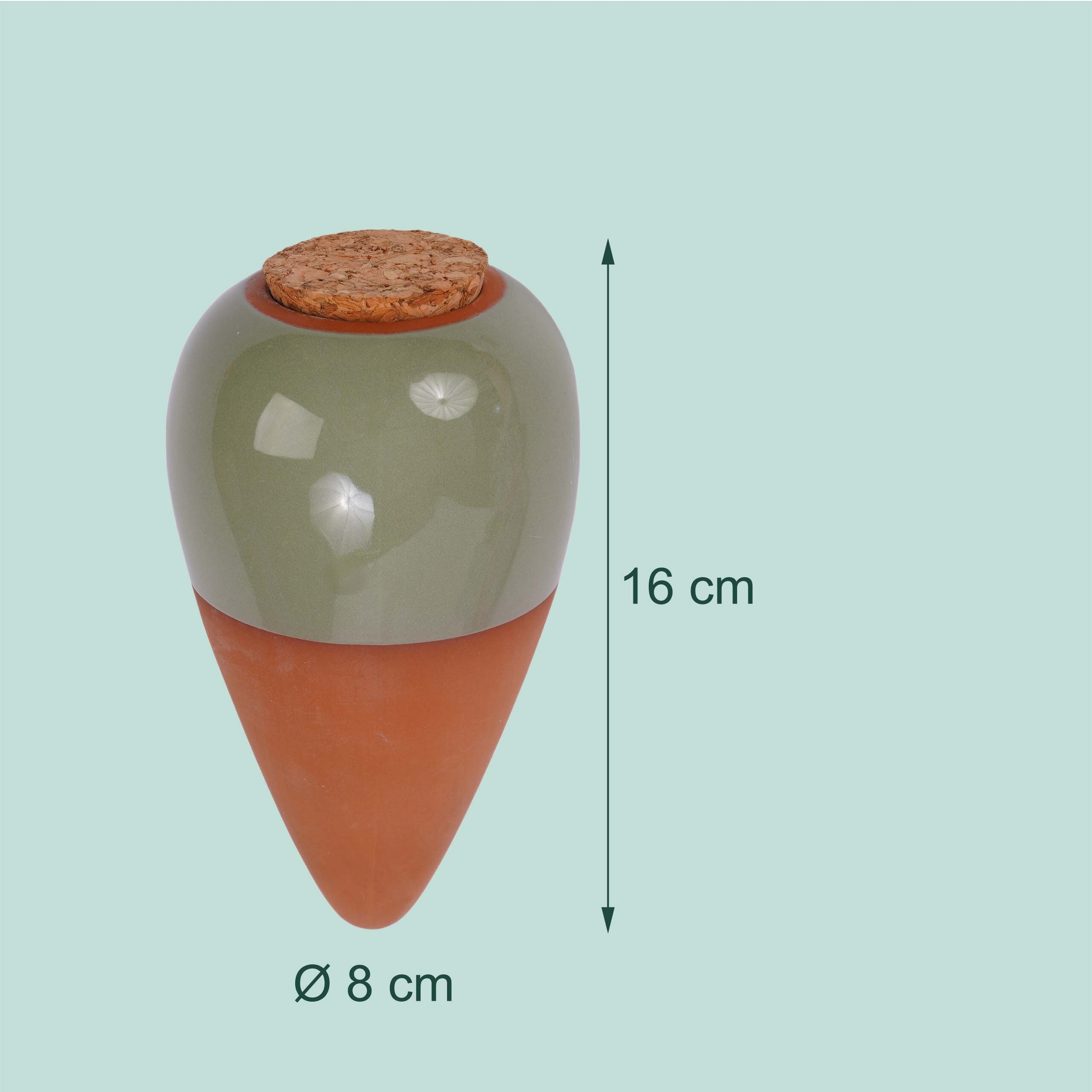 Kegelförmiger grauer Pflanzstab aus Terrakotta mit Korken, Höhe 16 cm, Durchmesser 8 cm.