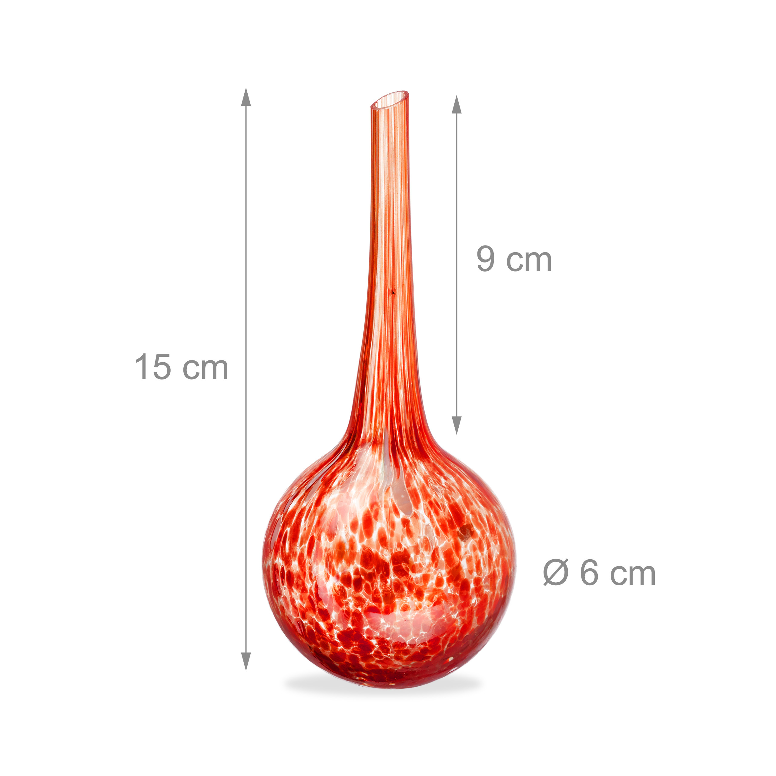 Eine rot-weiße Glasvase mit langem Hals, 15 cm hoch, 6 cm Durchmesser.