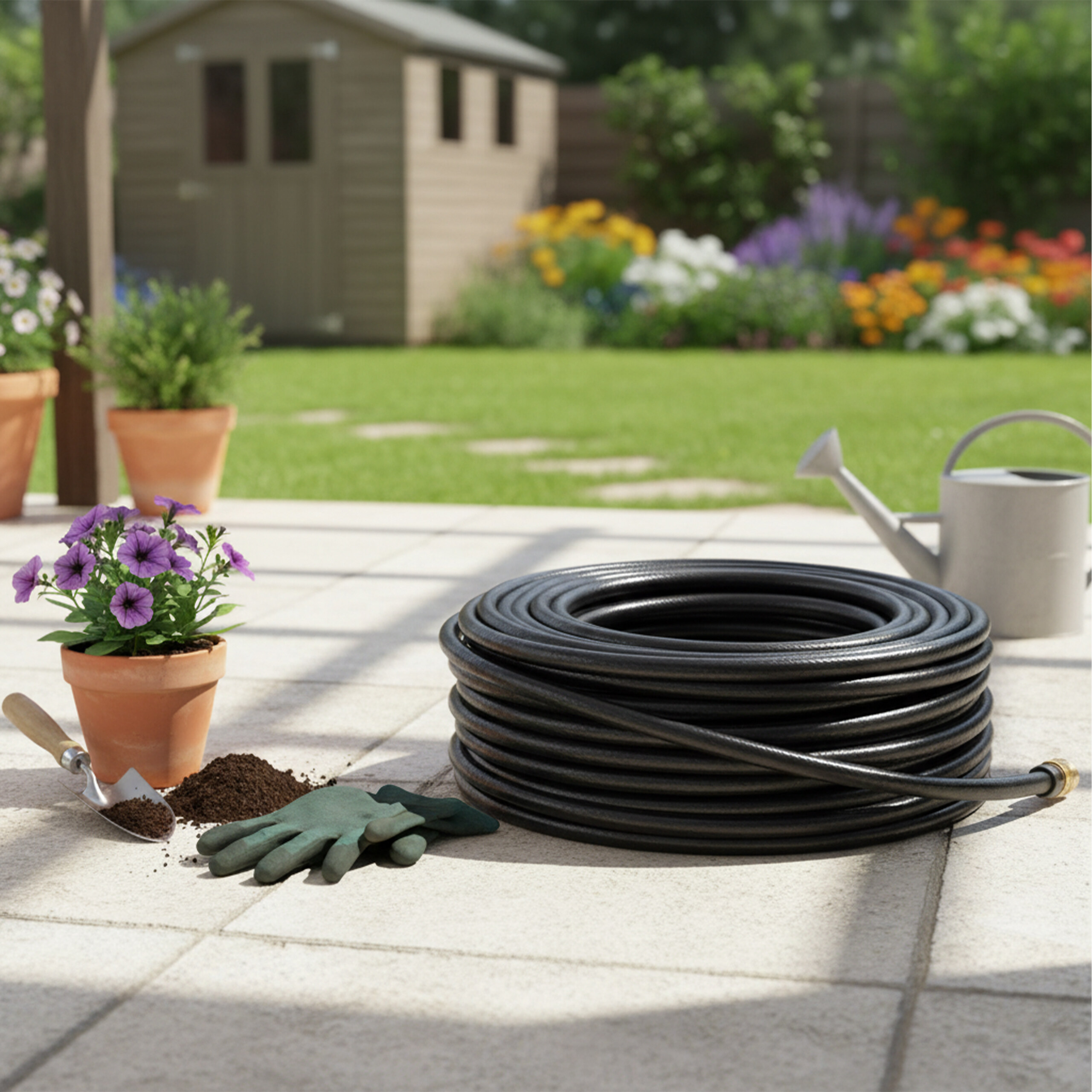 Ein aufgerollter Gartenschlauch, eine Gießkanne, ein Blumentopf, eine Schaufel und Gartenhandschuhe auf einer Terrasse.