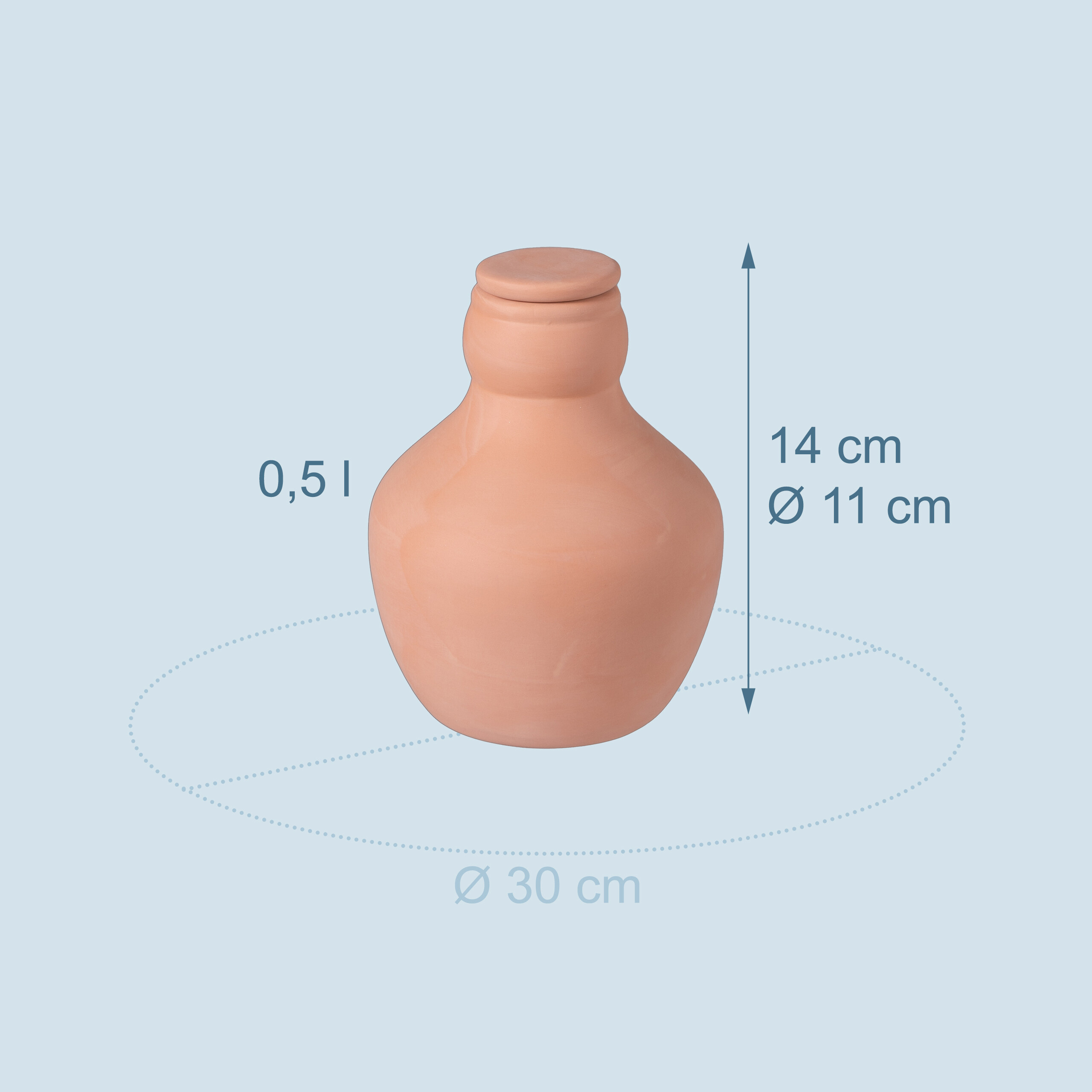 Ein Terrakotta-Gefäß mit Deckel, Maße: 0,5 l, Höhe 14 cm, Durchmesser 11 cm und 30 cm.