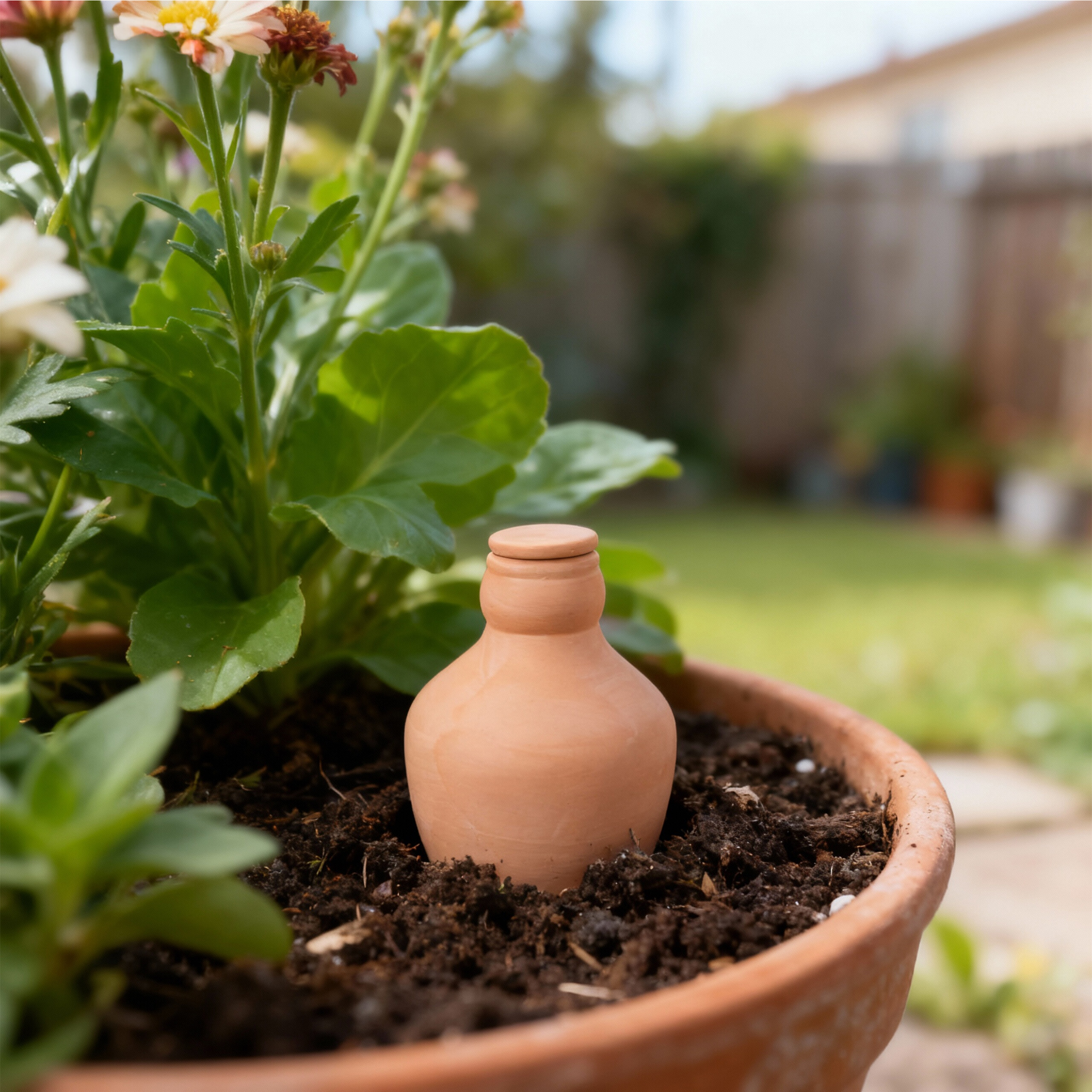 Ein kleiner Terrakotta-Olla-Bewässerer in einem Blumentopf mit grünem Blattwerk, im Hintergrund ein Garten.