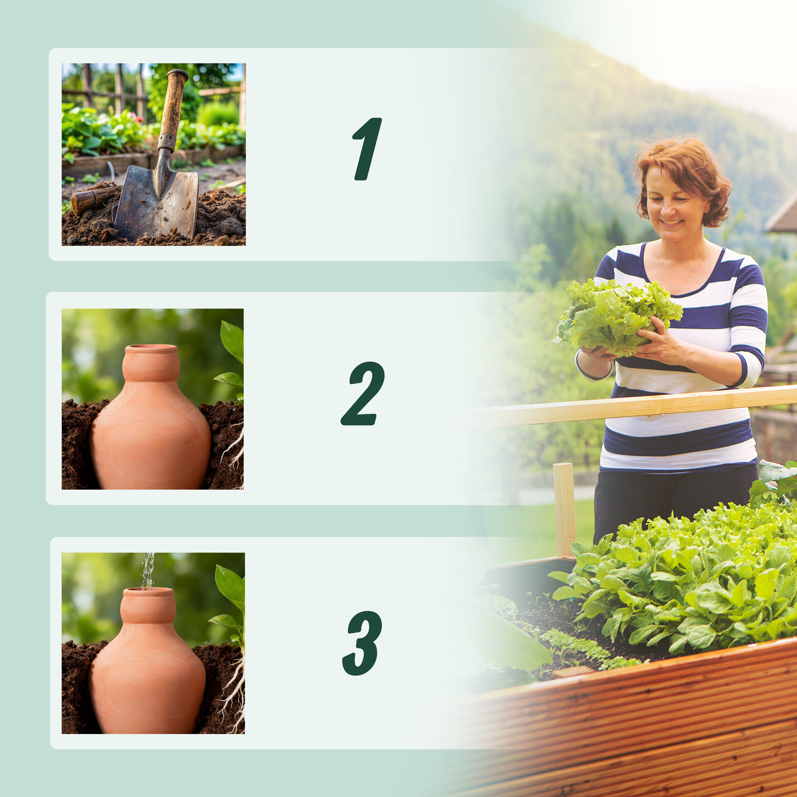 Eine Frau im Garten mit Salat, und drei Schritte mit Schaufel, Olla-Topf und Bewässerung.