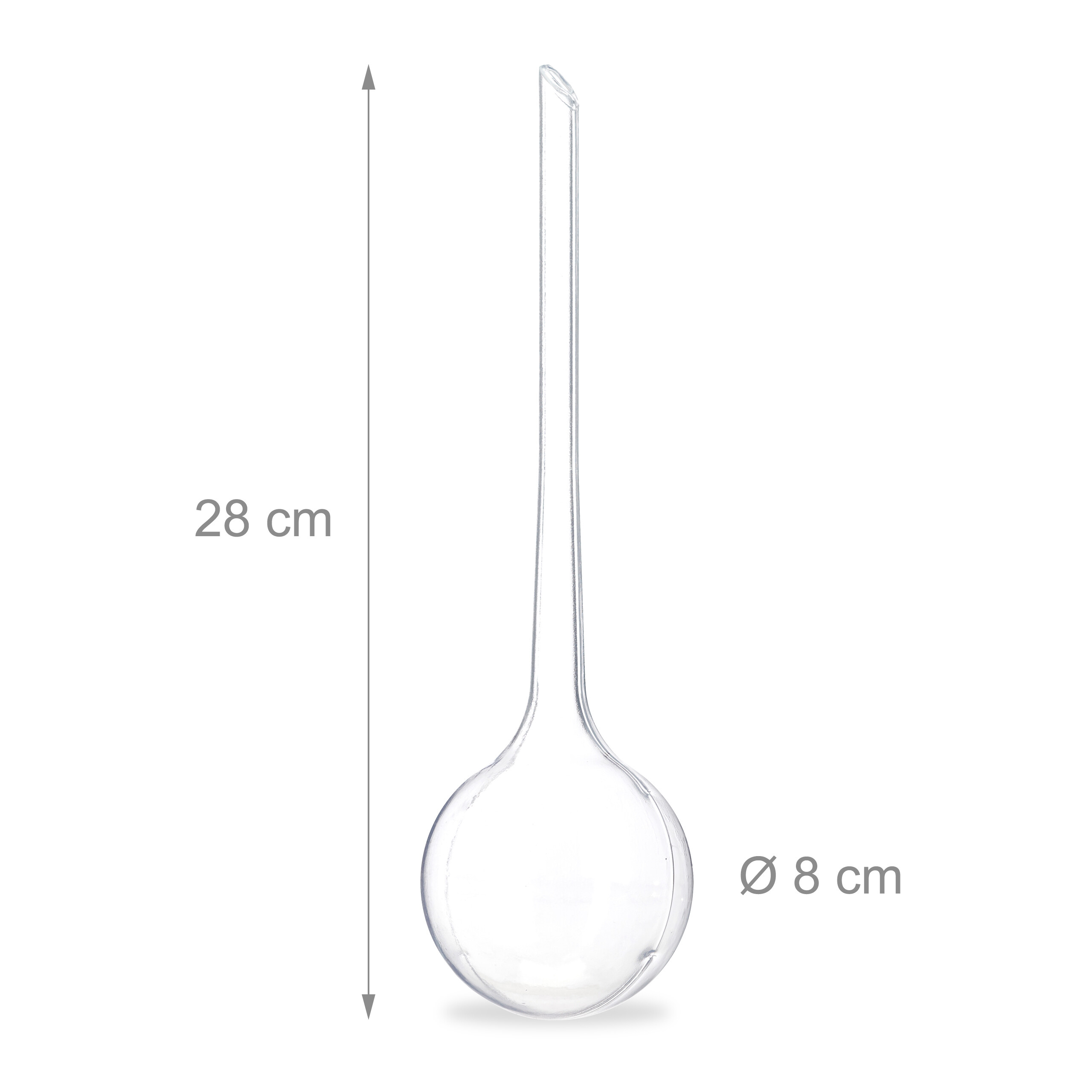 Transparenter Glas-Wasserspender für Pflanzen, 28 cm hoch und 8 cm Durchmesser, auf weißem Hintergrund.