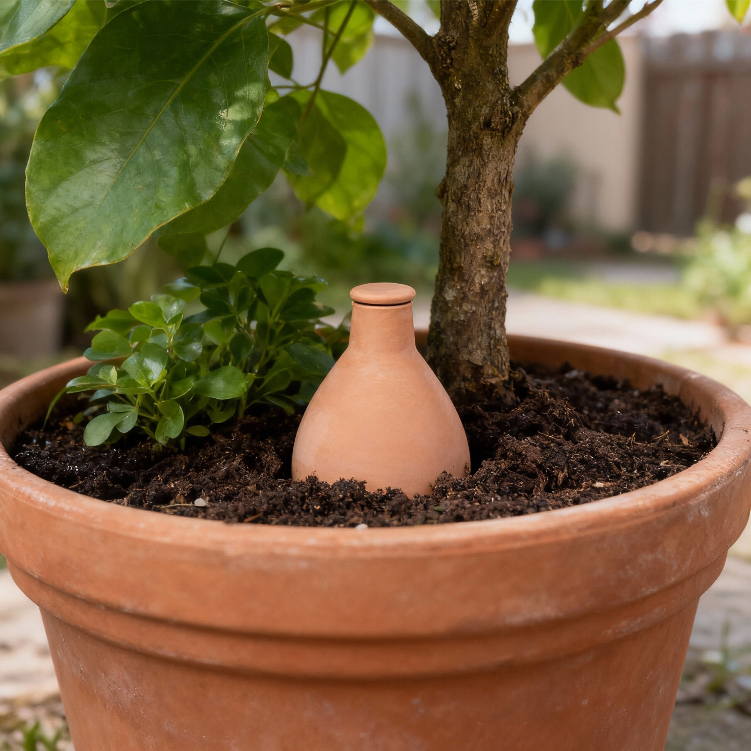 Ein Terrakotta-Olla-Bewässerungsgefäß im Topf neben einer Pflanze und Erde.
