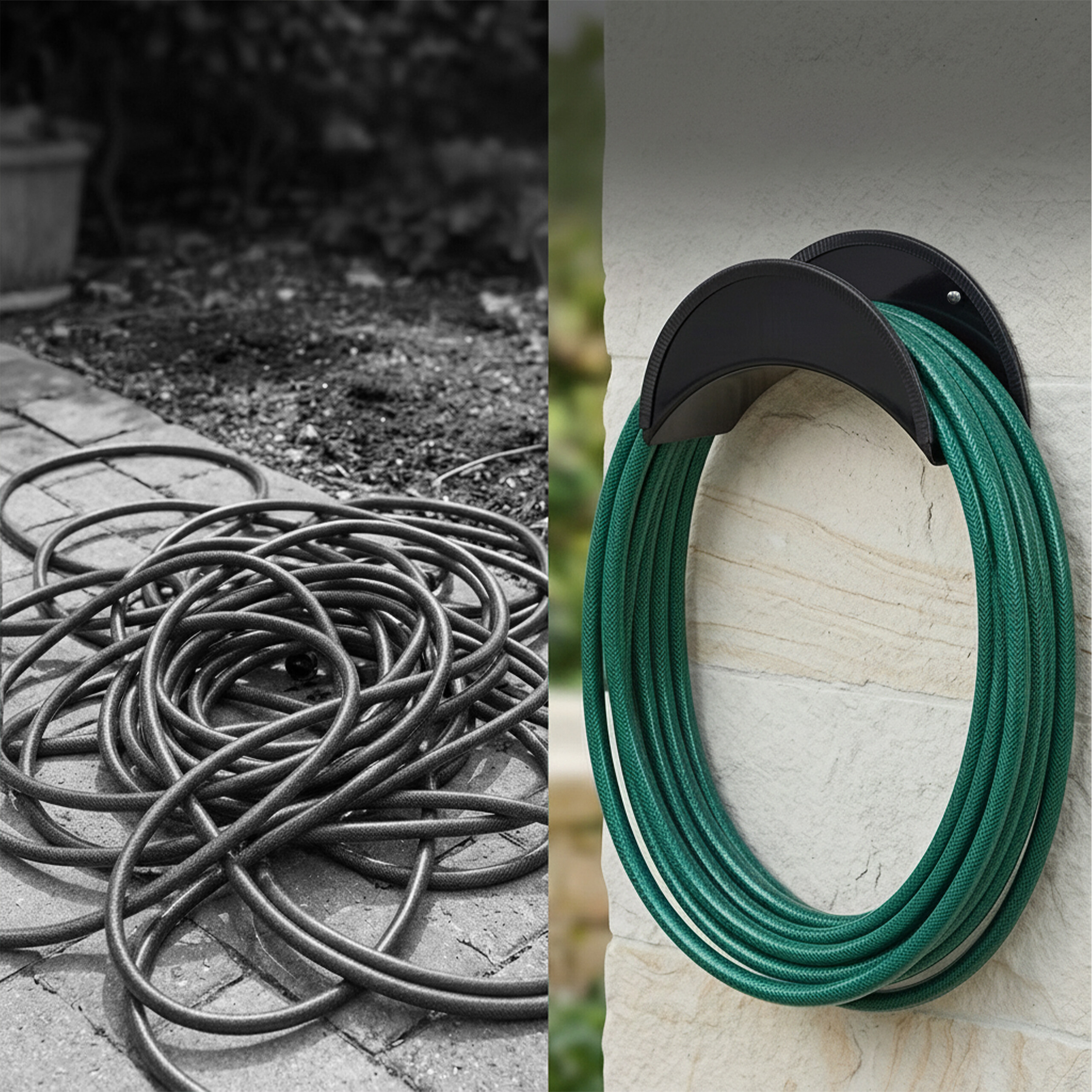 Vergleich zweier Gartenschläuche: Ein verwirrter Schlauch auf Steinplatten und ein ordentlich aufgerollter grüner Schlauch.