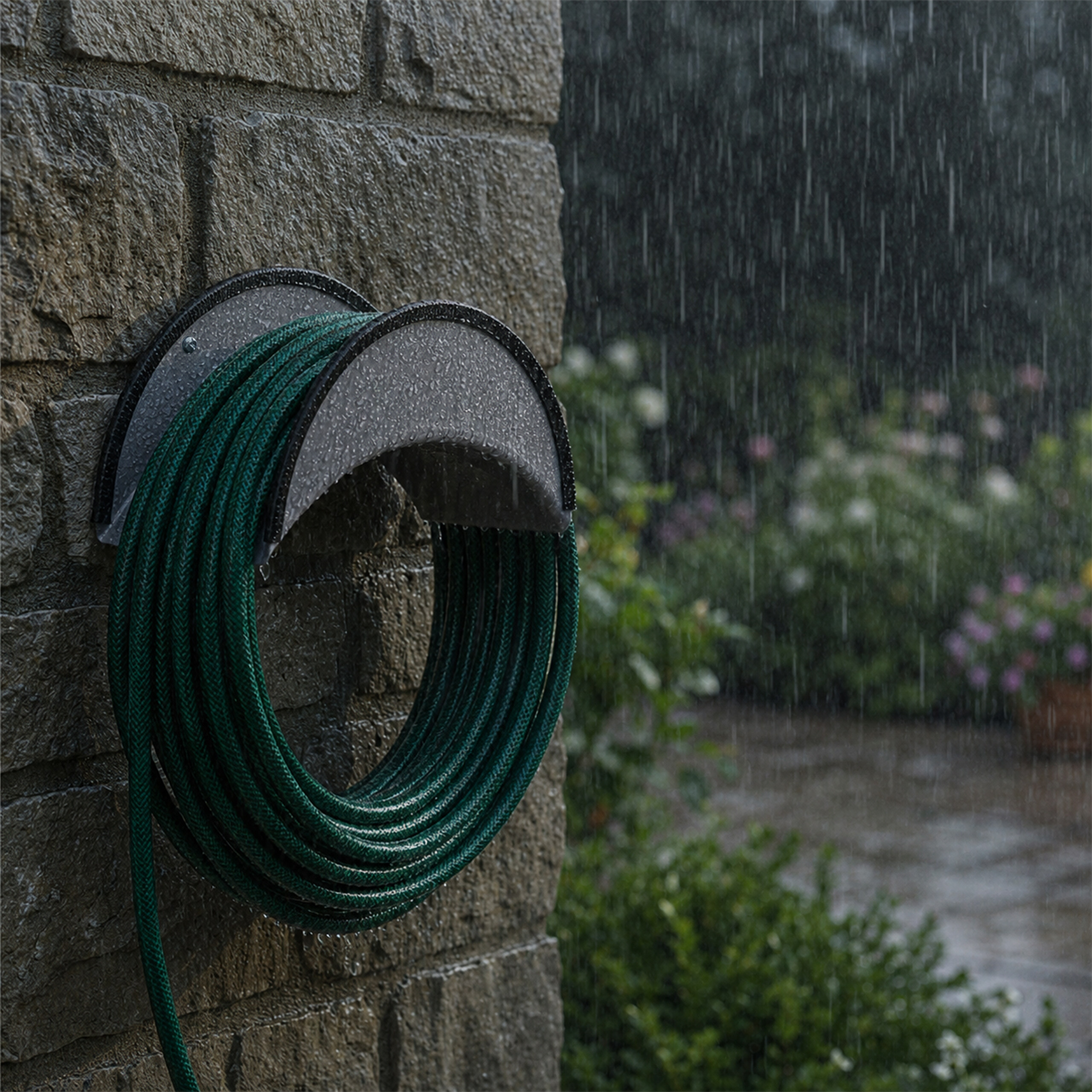 Ein grüner Gartenschlauch an einer Wand im Regen mit Gartenblick.