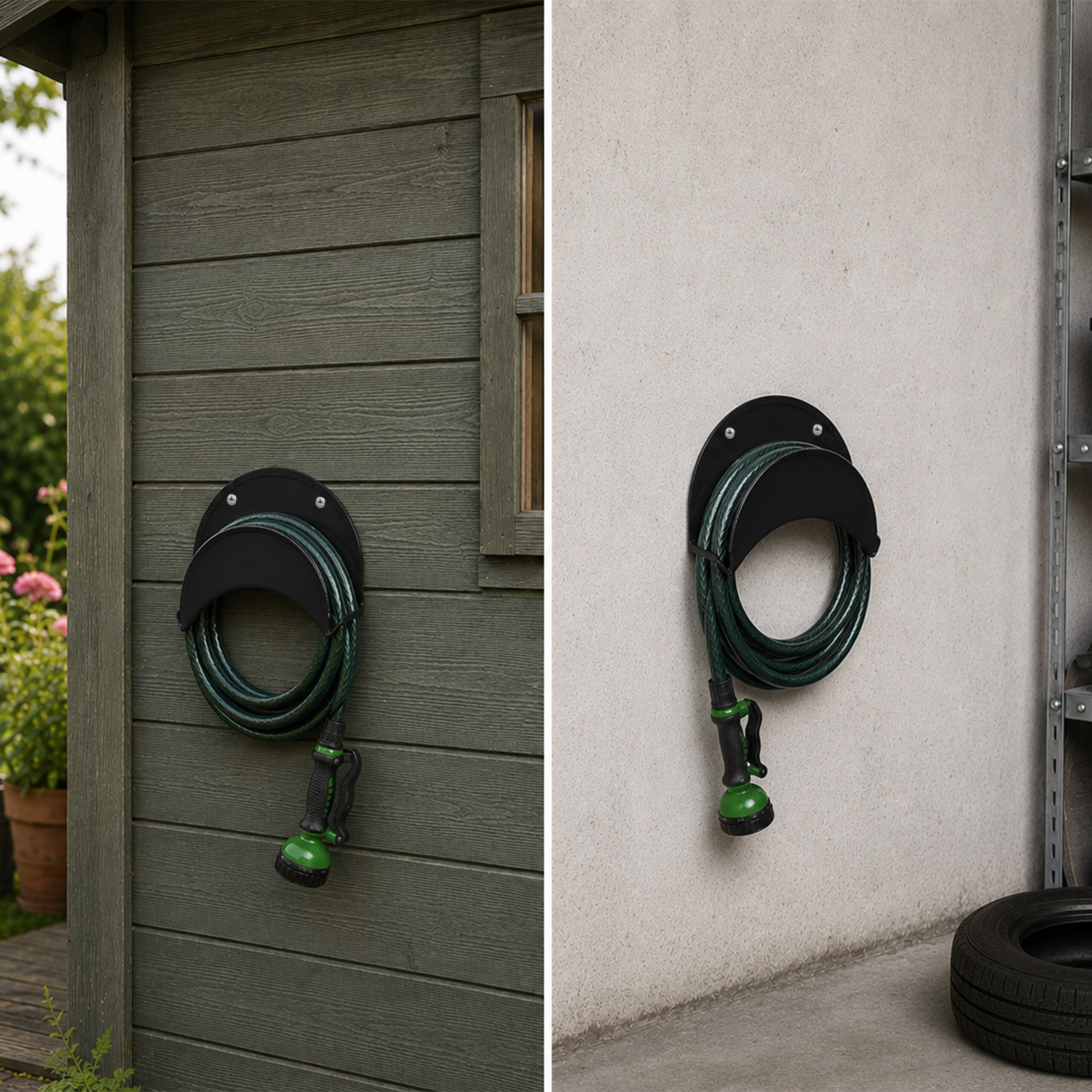 Ein grüner Gartenschlauch auf einem schwarzen Wandhalter, an einer Holzhütte und einer hellen Wand.