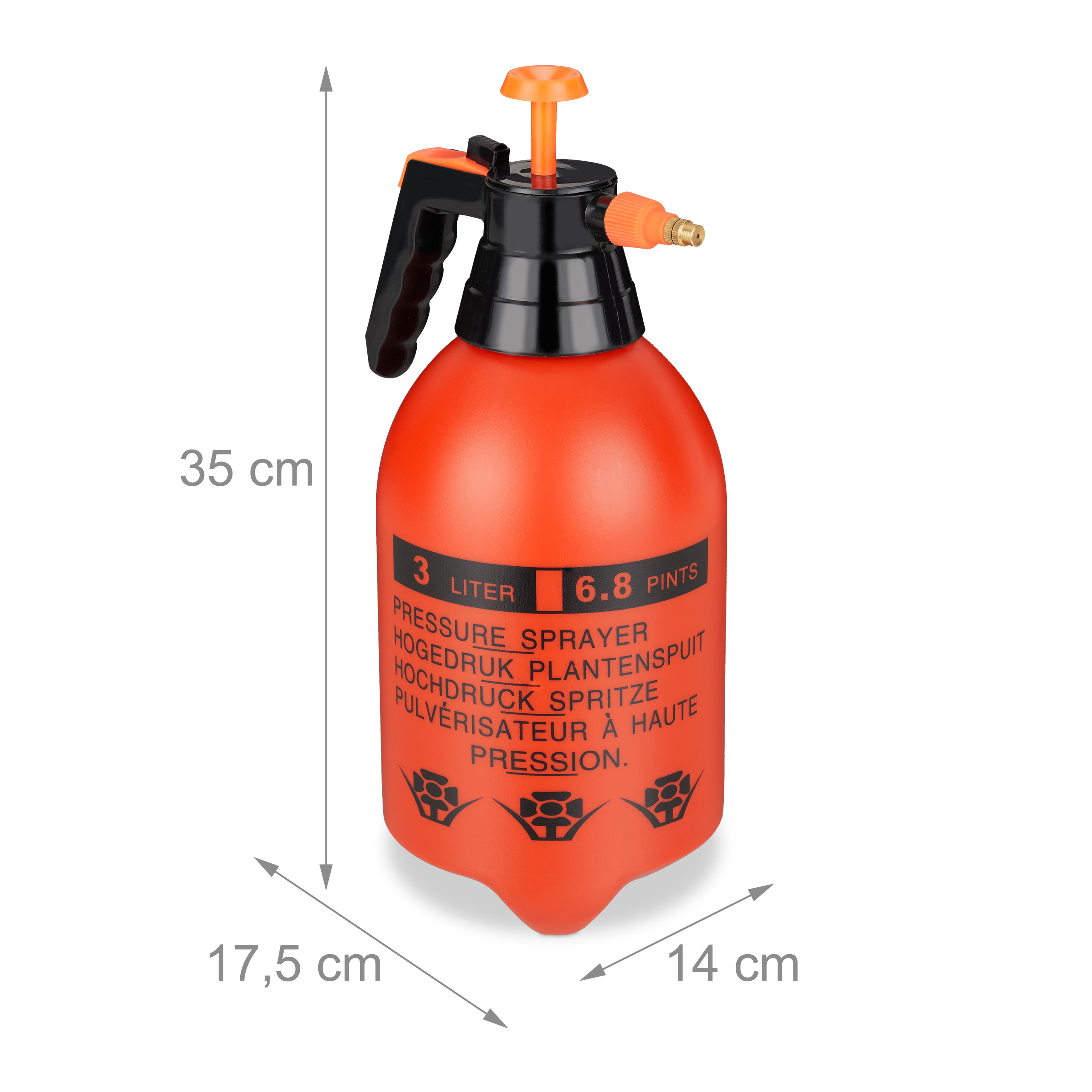 Oranger 3-Liter-Drucksprüher mit schwarzem Griff und Maßen von 35x17,5x14 cm auf weißem Hintergrund.
