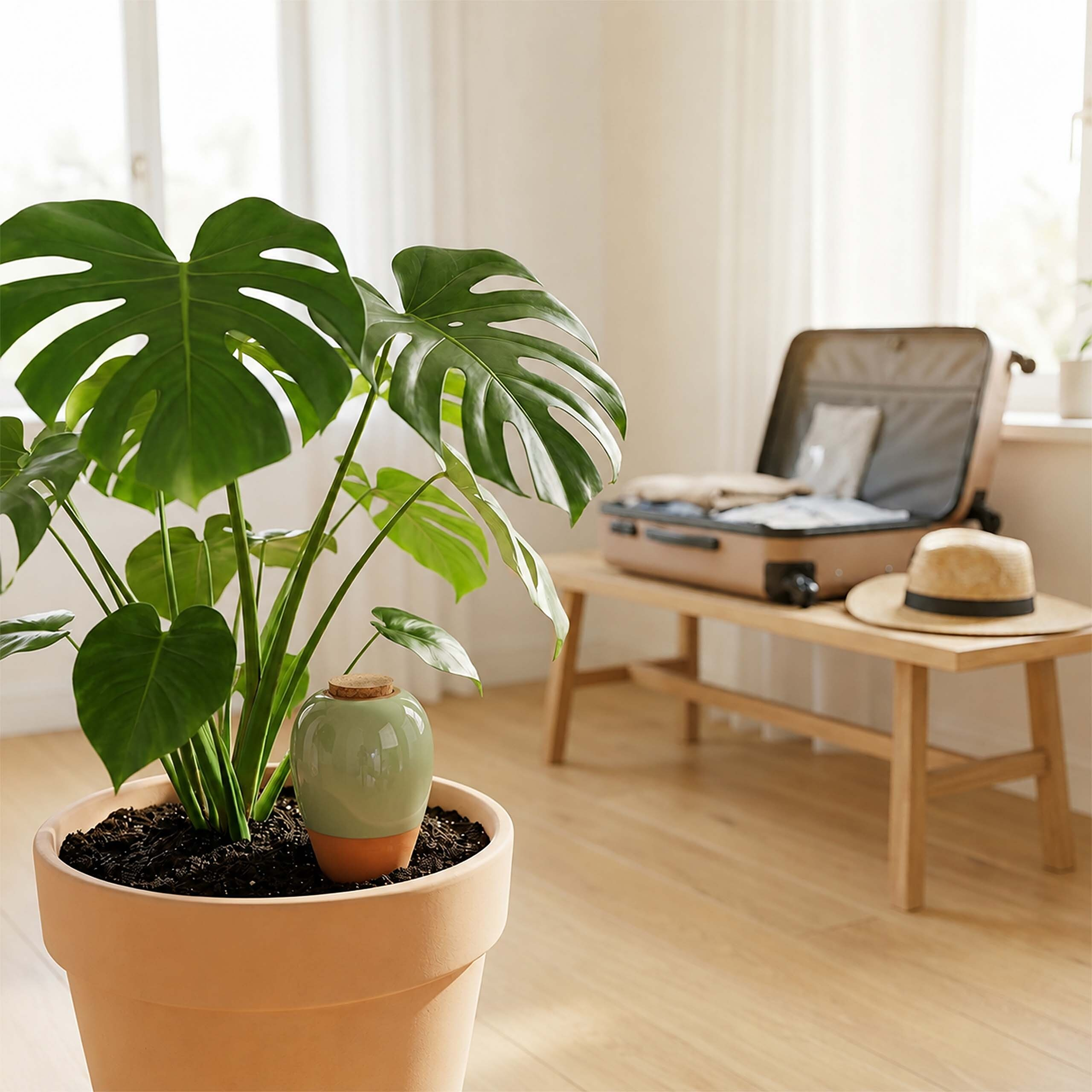 Monstera-Pflanze in Terrrakottatopf im Vordergrund. Im Hintergrund ein offener Koffer und ein Hut auf einer Holzbank.