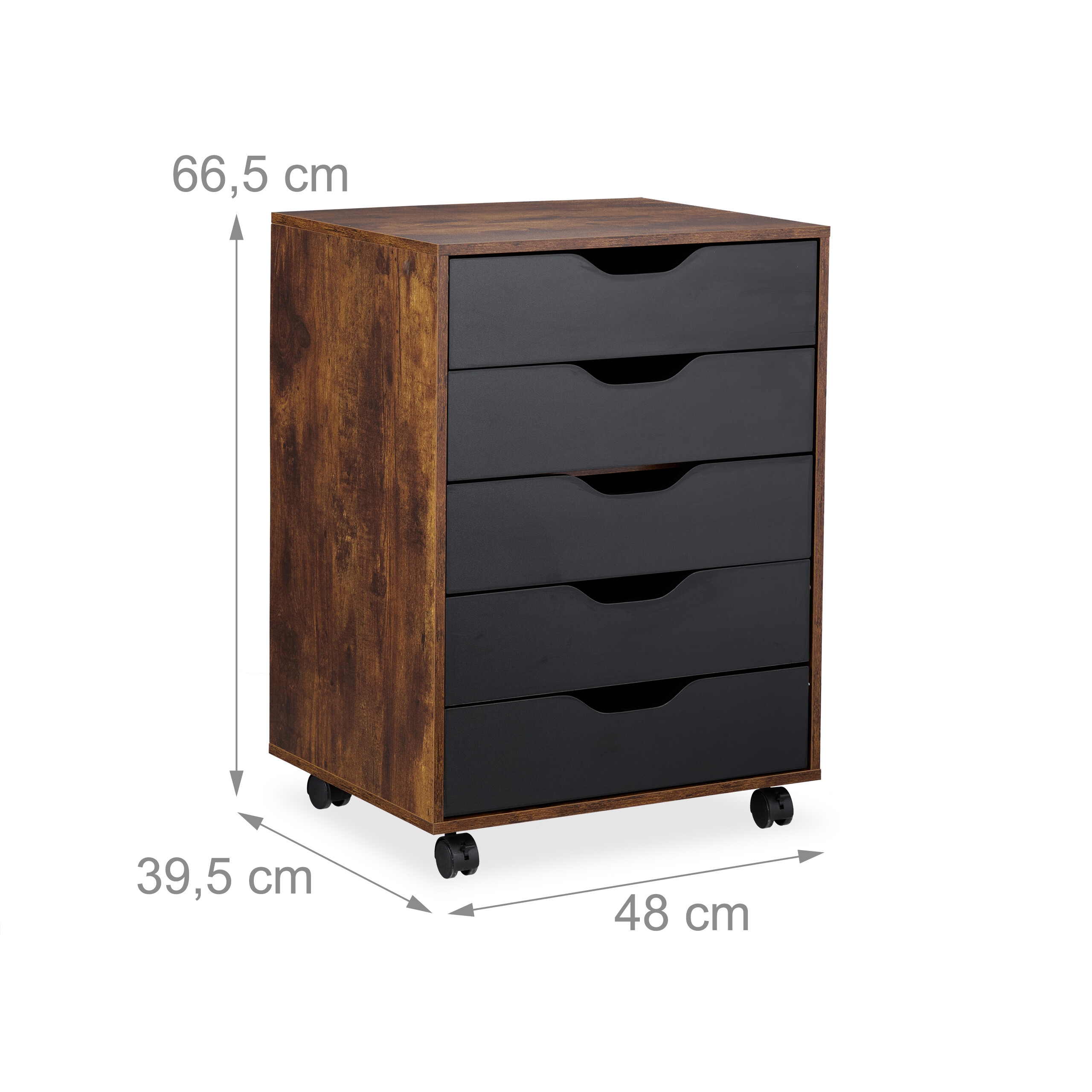 Ein hölzerner Rollcontainer mit fünf schwarzen Schubladen und Maßen von 48x39,5x66,5 cm auf weißem Hintergrund.