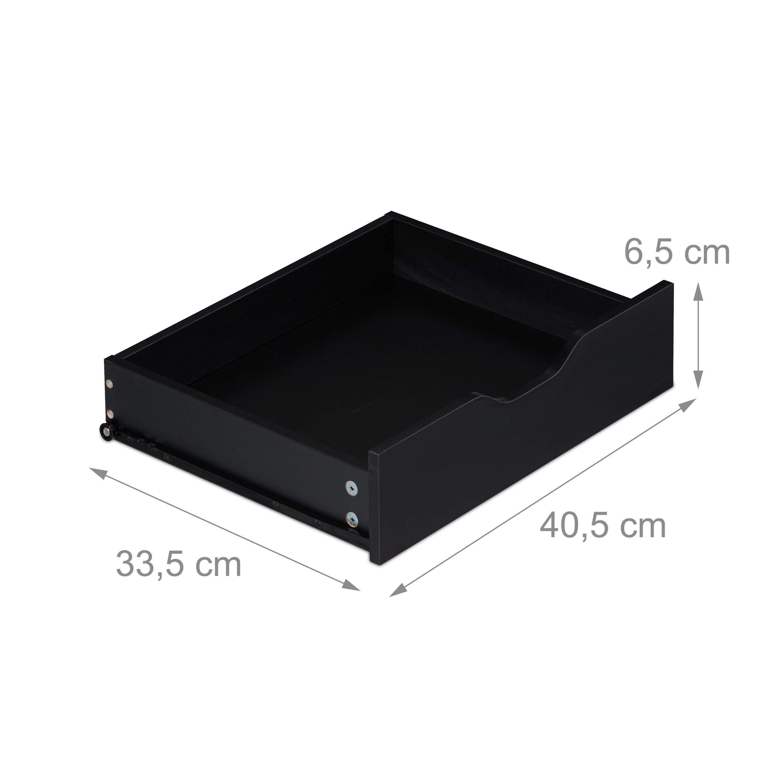 Eine schwarze Schublade mit Maßen: 33,5 cm Breite, 40,5 cm Tiefe und 6,5 cm Höhe auf weißem Hintergrund.