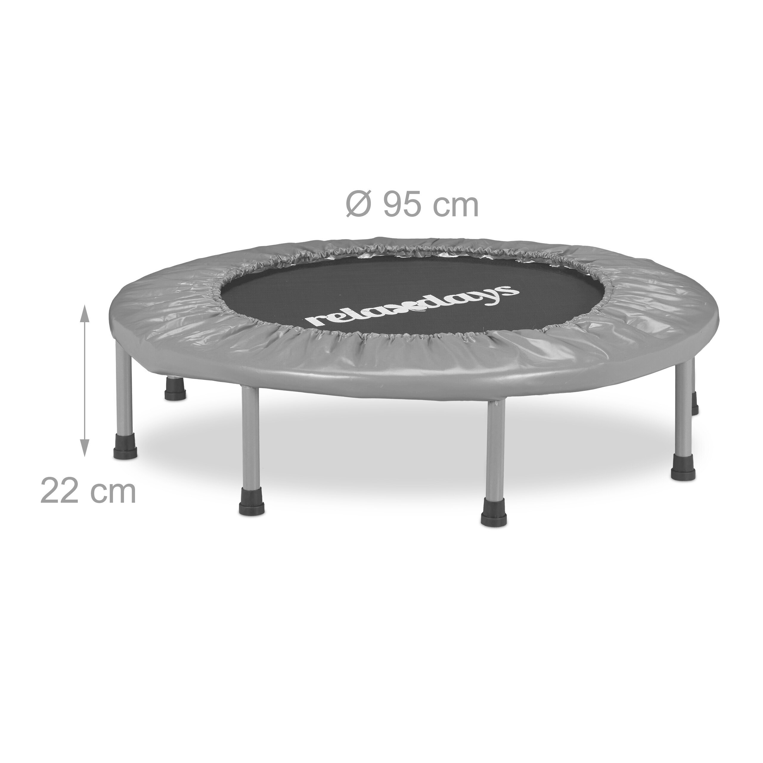 Ein kleines graues Fitnesstrampolin mit 95 cm Durchmesser und 22 cm Höhe, mit Relaxdays-Logo auf der Matte.