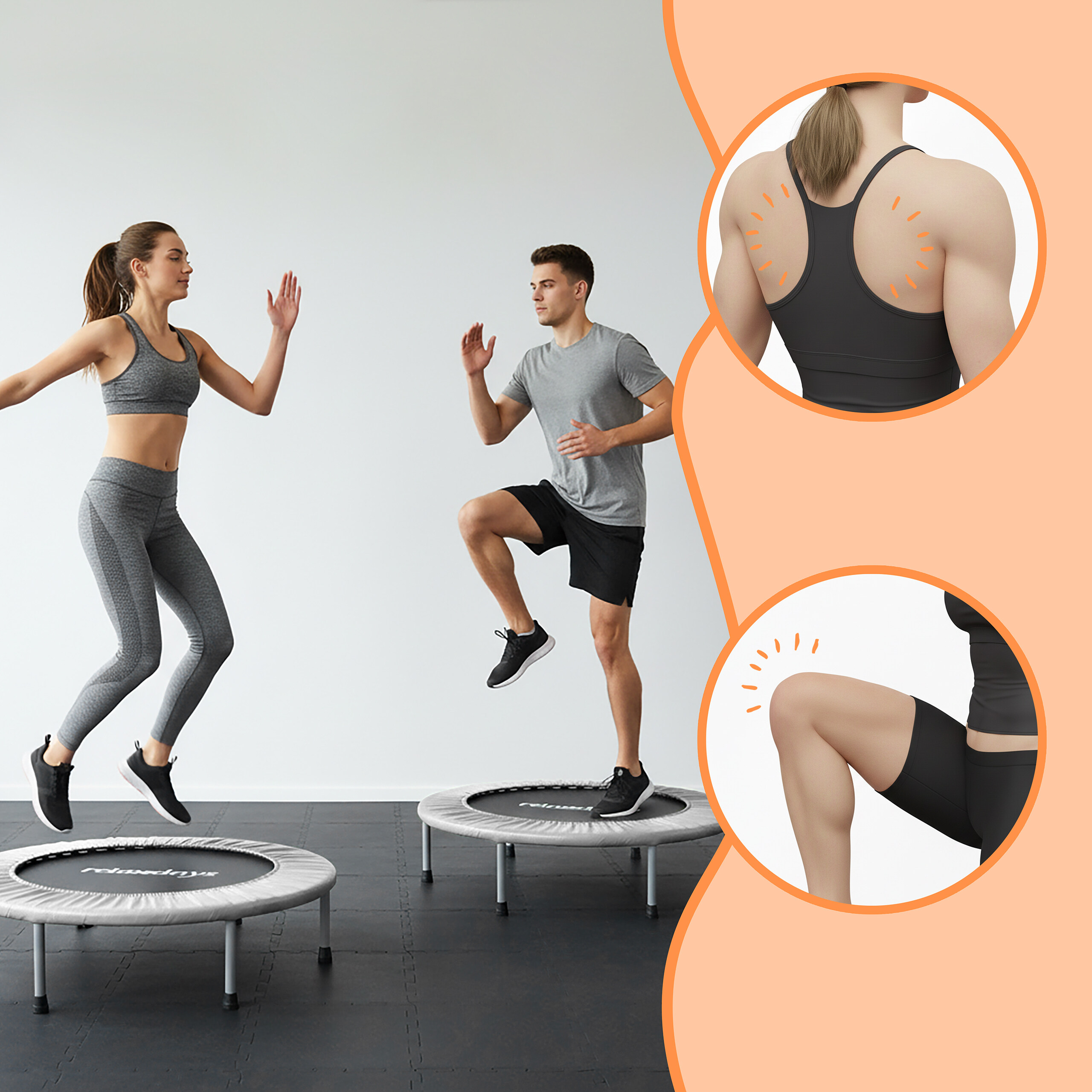 Frau und Mann springen auf Mini-Trampolinen, mit Ausschnitten, die Schultern und Knie betonen.