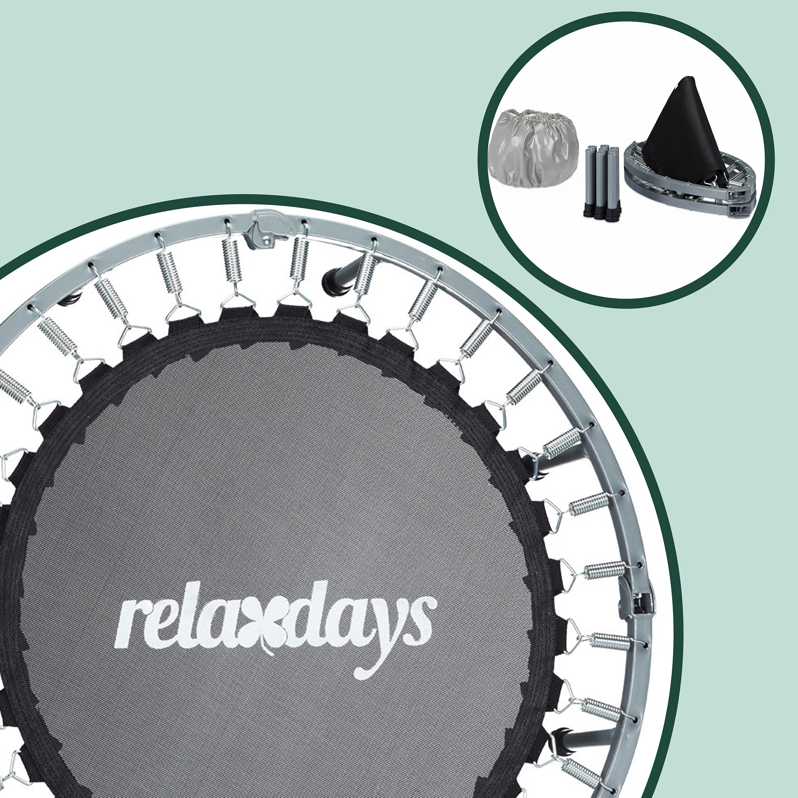 Ein kleines graues Relaxdays-Trampolin mit Federn, oben rechts auch zusammengeklappt mit Tasche und Beinen.