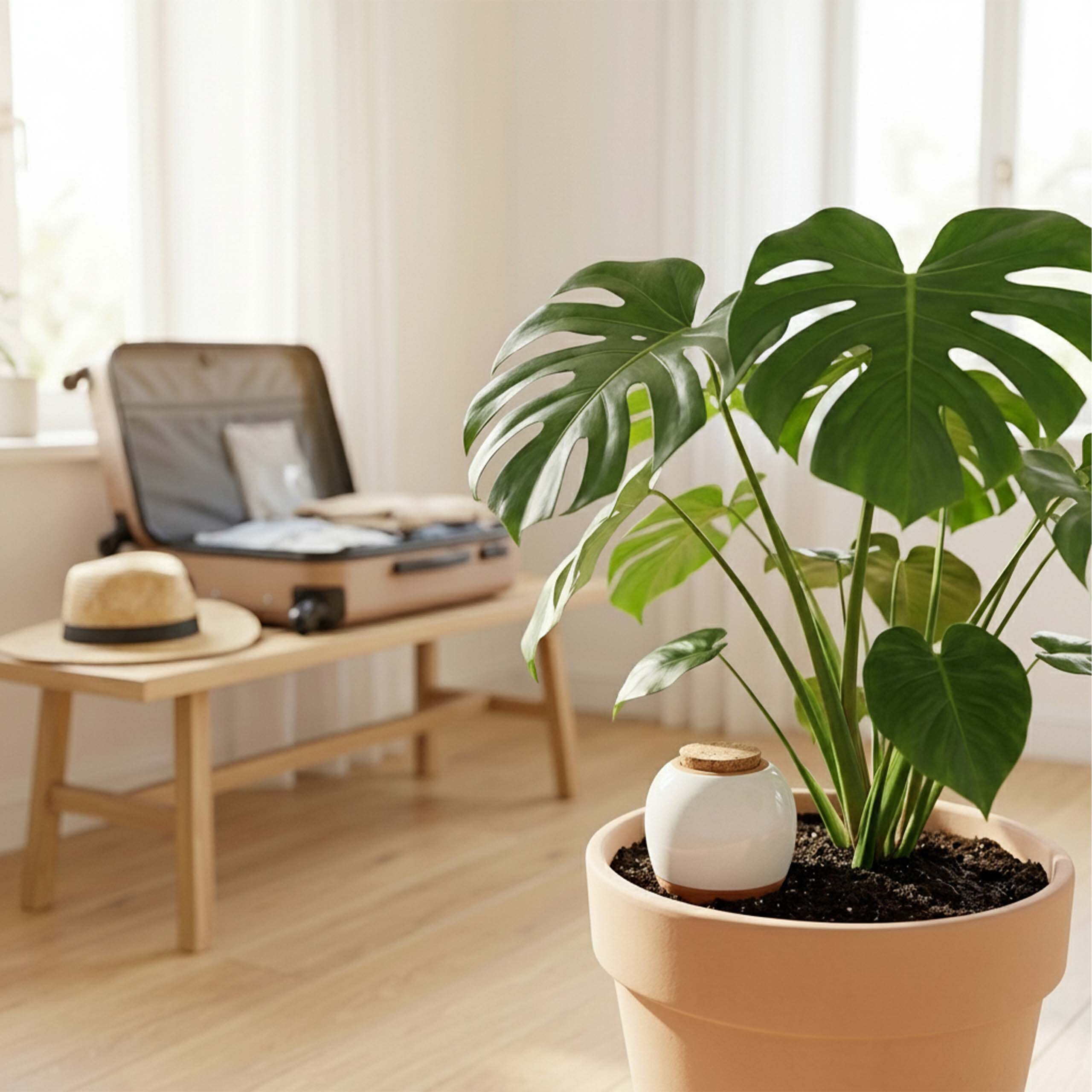 Eine Monstera-Pflanze im Vordergrund, ein Koffer und Strohhut auf einer Holzbank im Hintergrund.