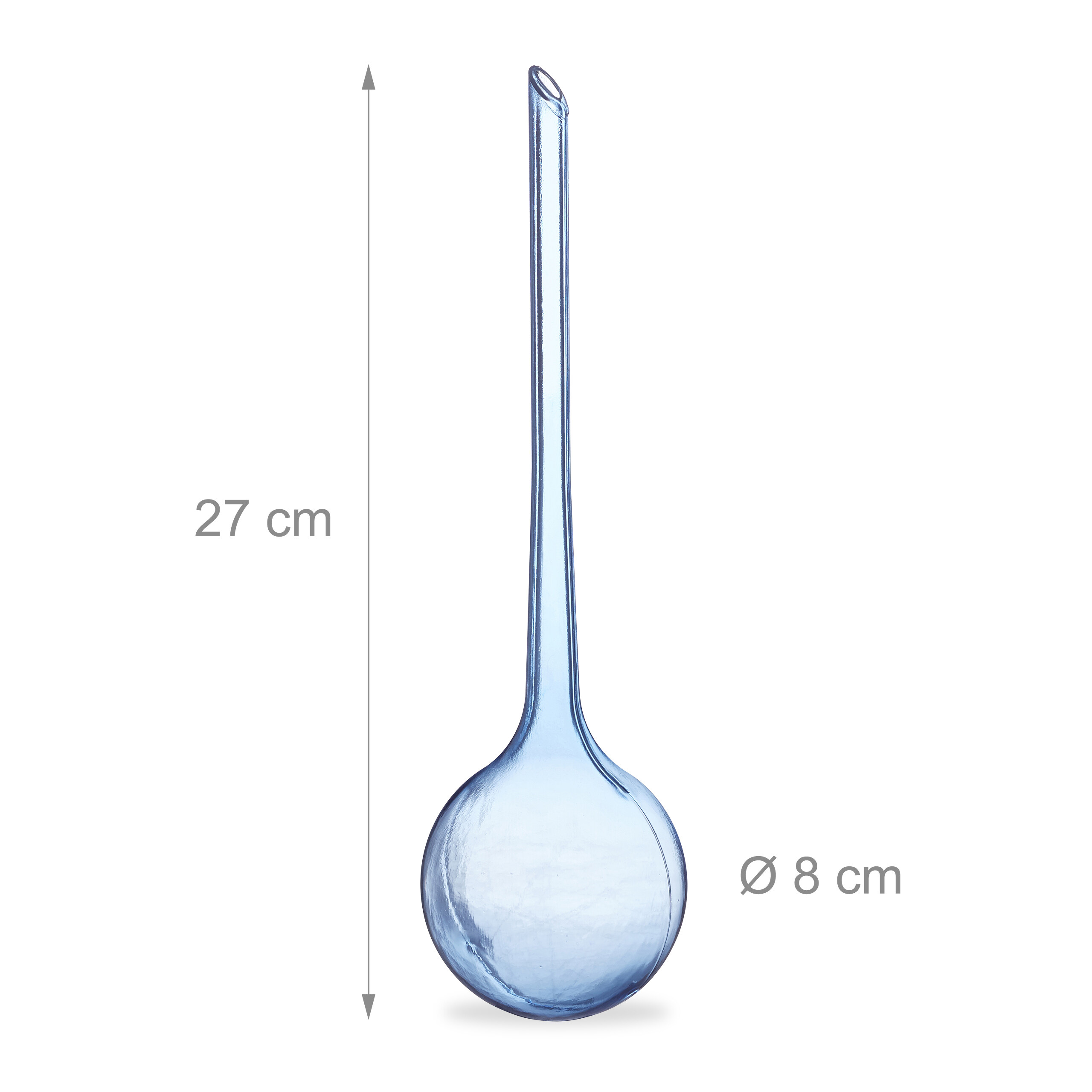 Ein blauer Glas-Pflanzenbewässerer, 27 cm lang und 8 cm im Durchmesser, auf weißem Hintergrund.