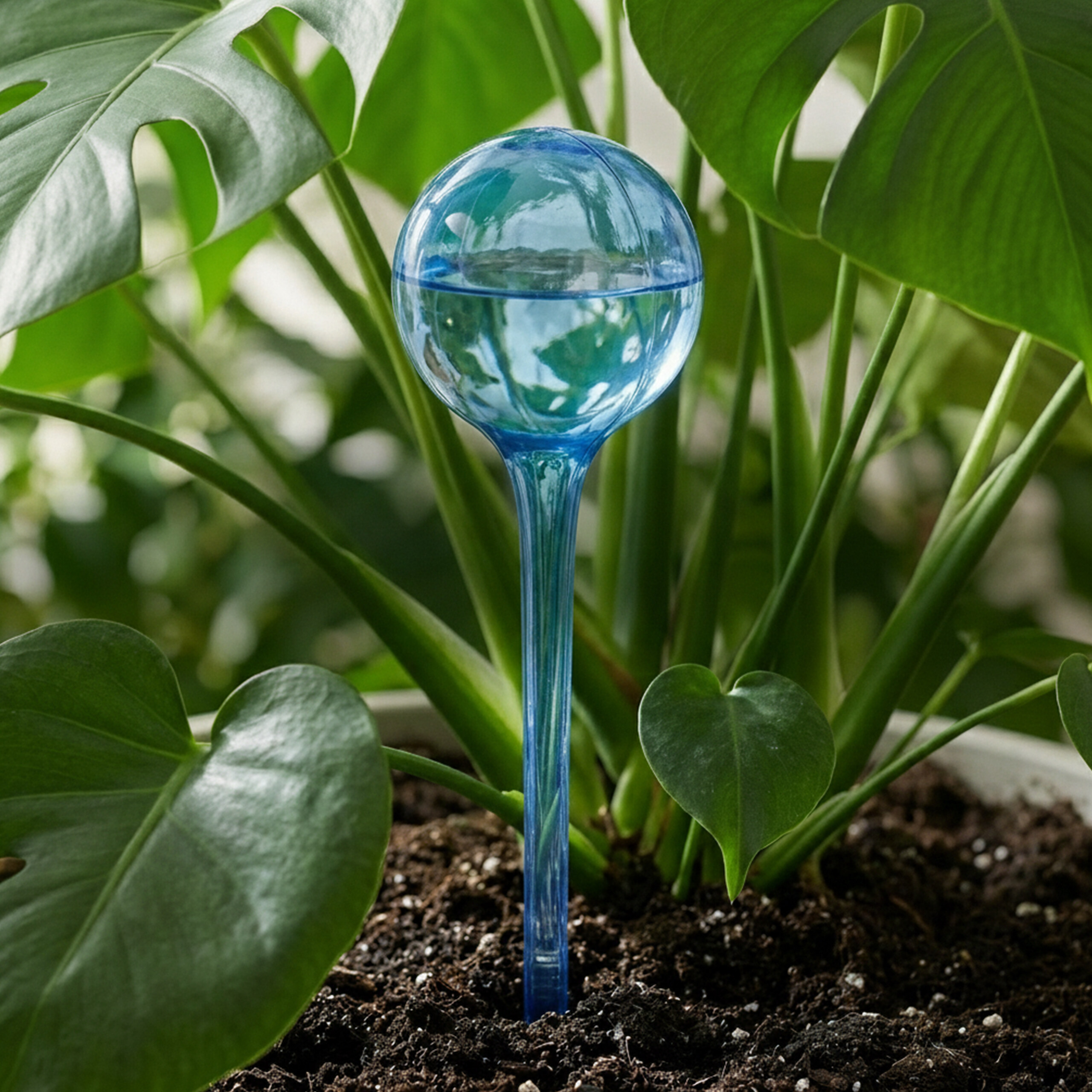 Eine blaue Wasserkugel steckt im Topfboden einer grünen Monstera-Pflanze.