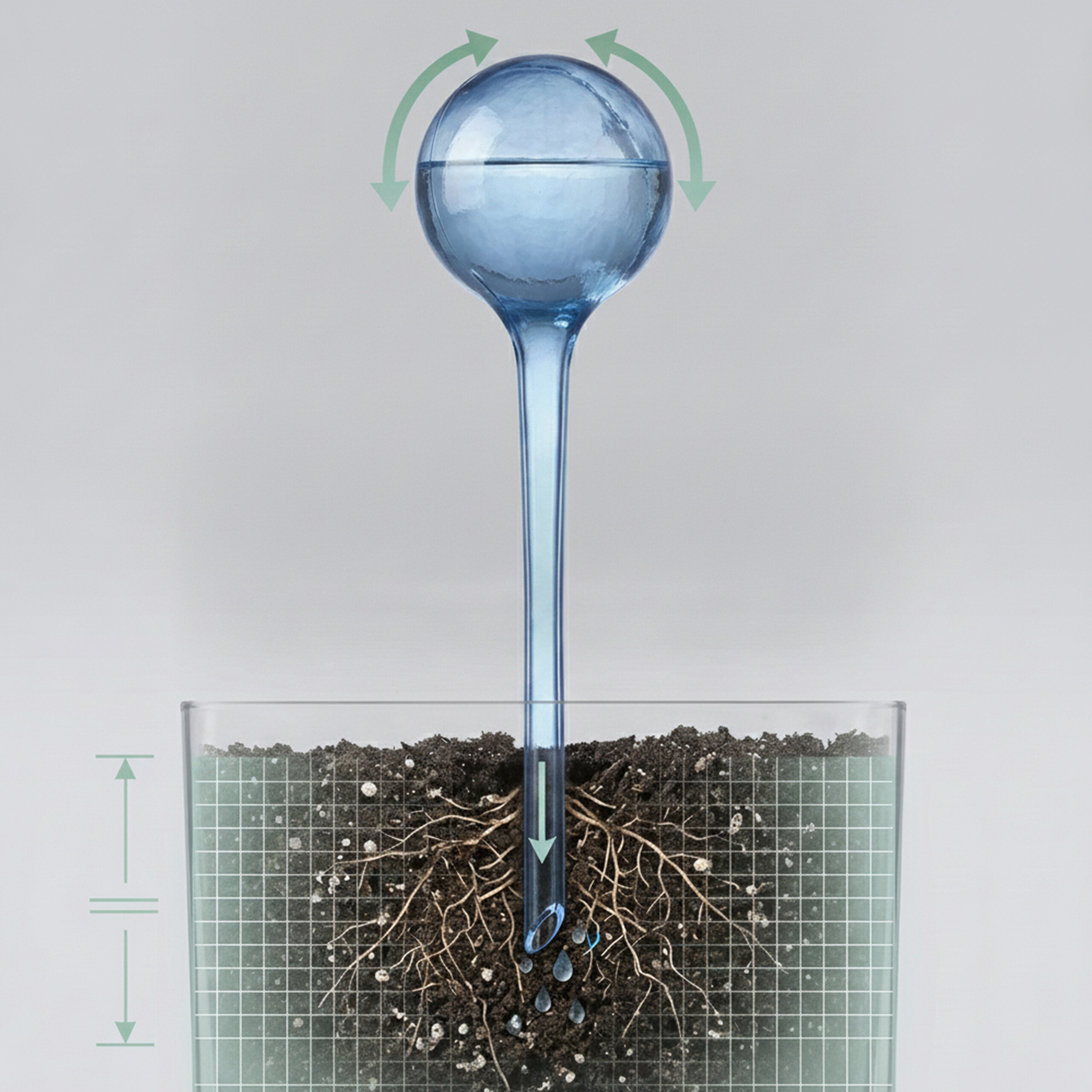 Blaue Glasbewässerungskugel mit langem Hals steckt in der Erde eines Topfes mit sichtbaren Wurzeln und Gitternetz.