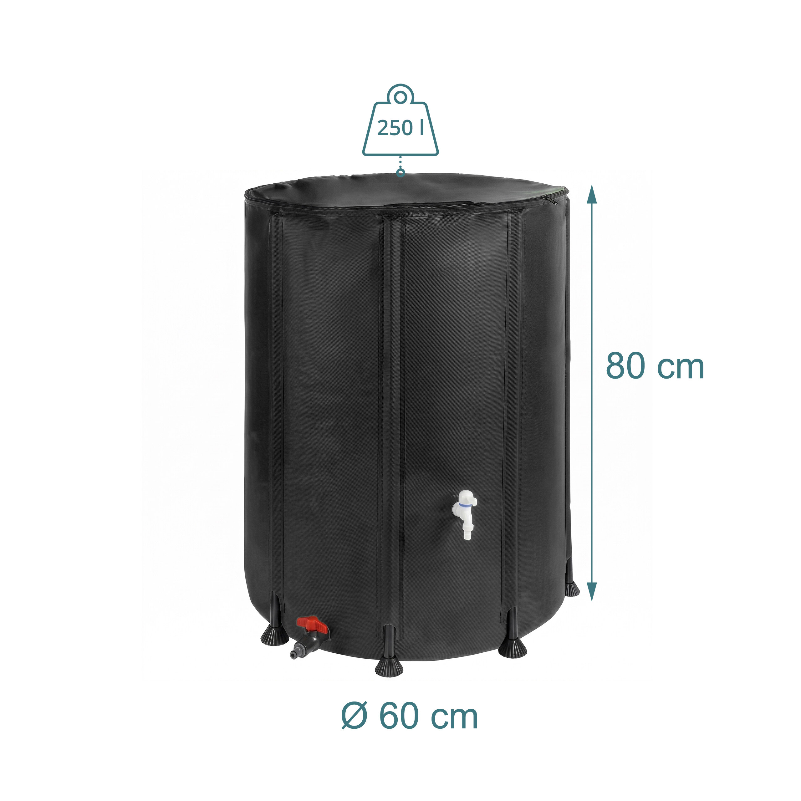 Schwarzer runder Regwassertank, 250 Liter, 80 cm hoch, 60 cm Durchmesser mit Zapfhahn.