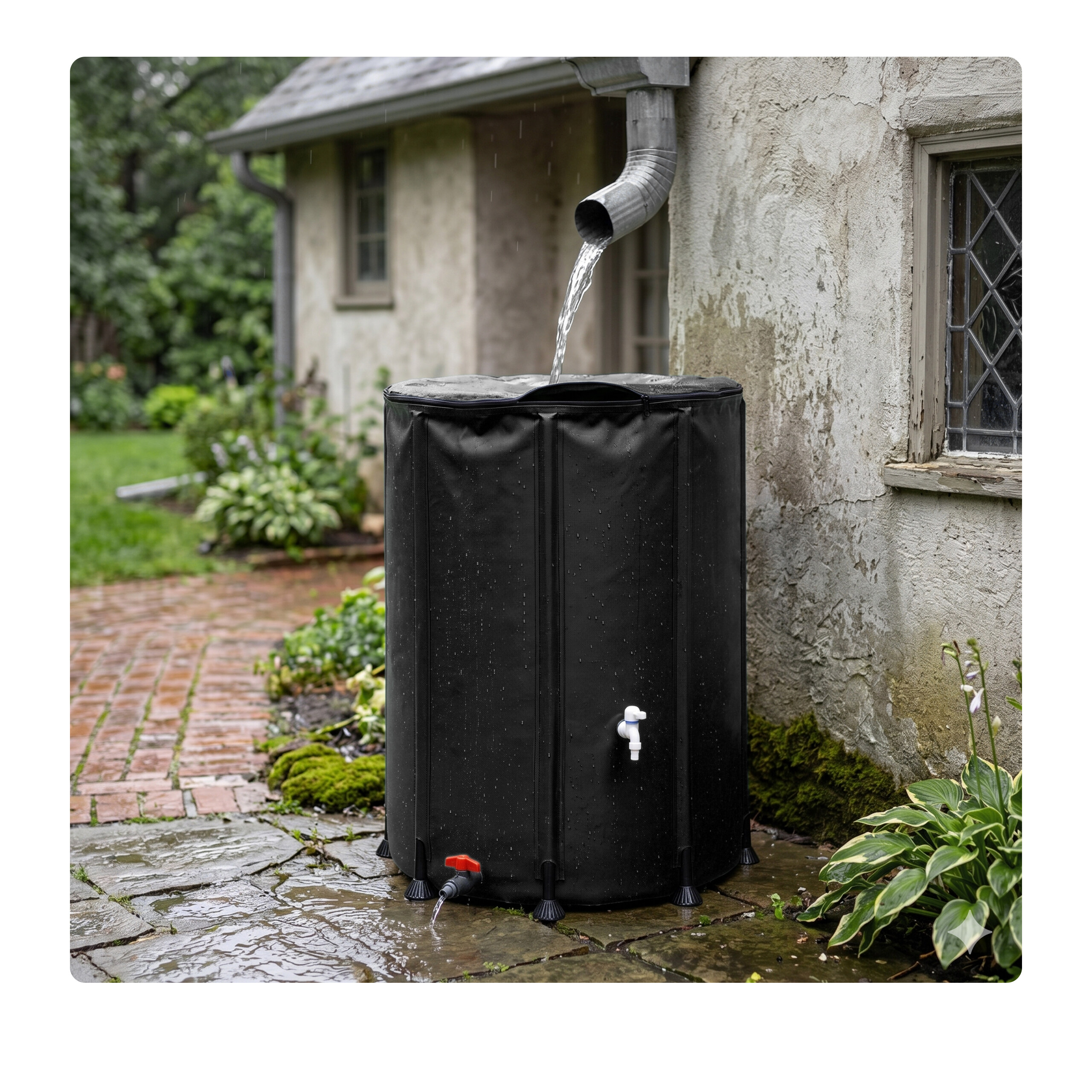 Eine schwarze Regentonne sammelt Wasser aus einer Regenrinne neben einem Haus auf einer Steinterrasse.