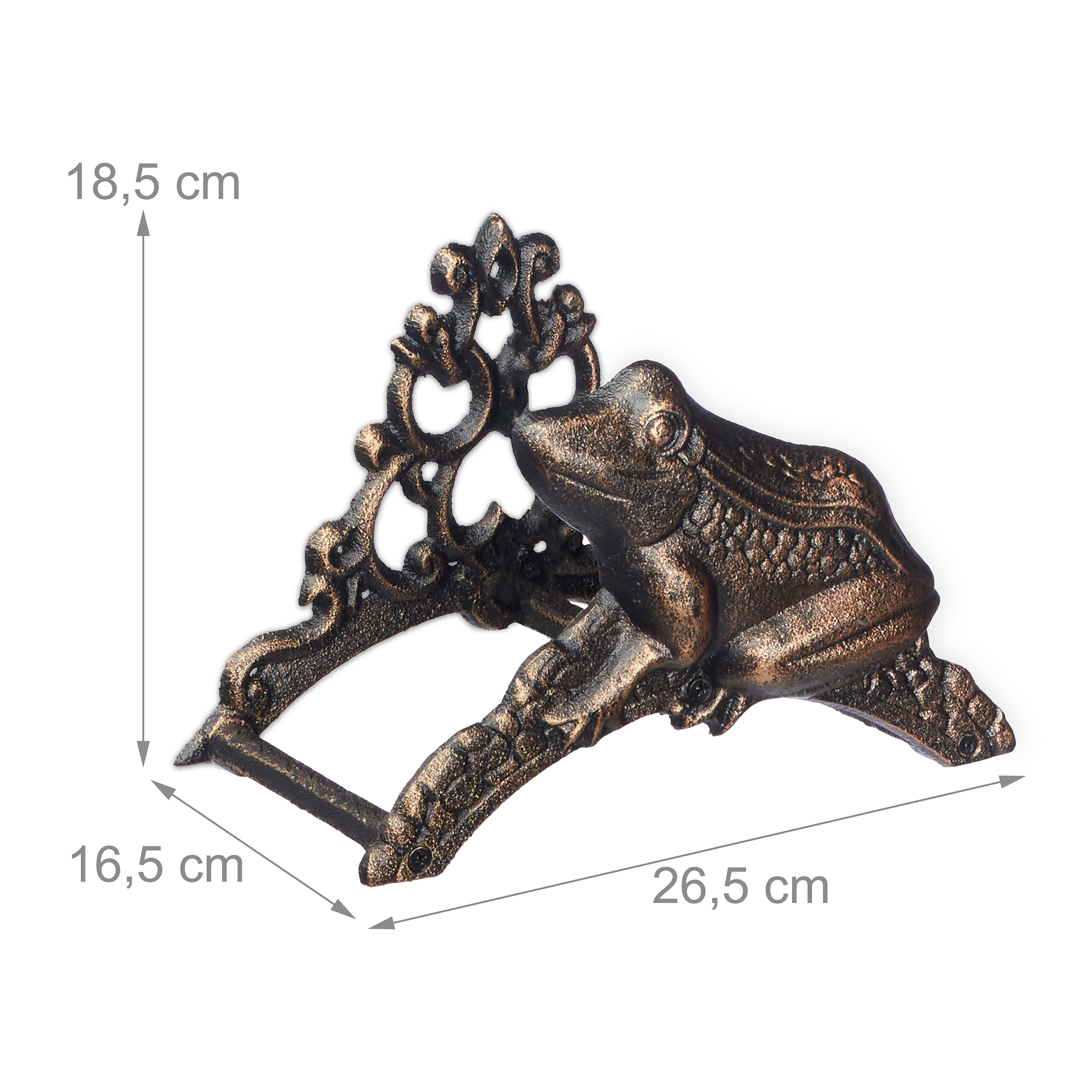 Antiker, bronzefarbener Türkeil aus Gusseisen mit Froschmotiv und Maßen von 18,5 x 16,5 x 26,5 cm auf weißem Grund.