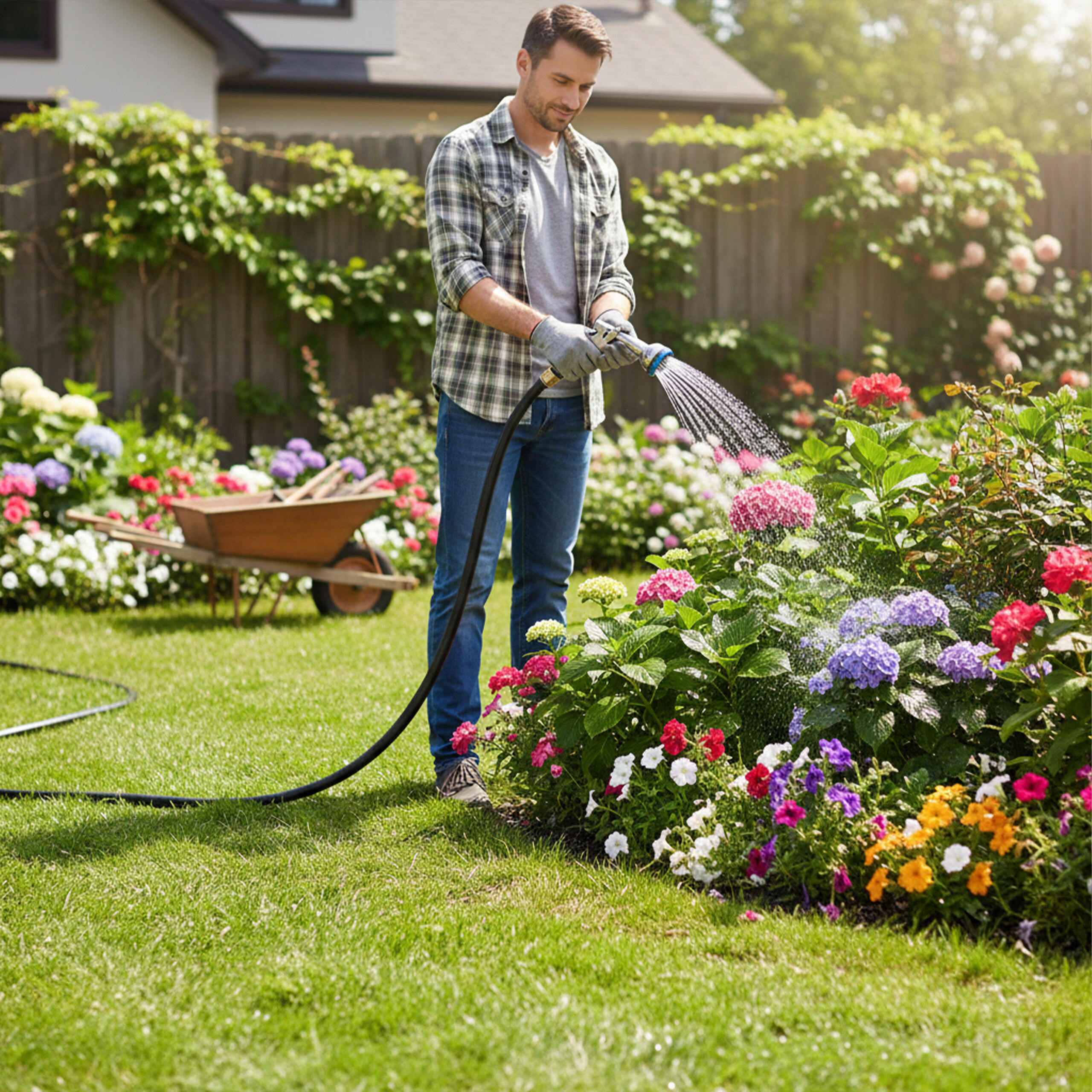 Ein Mann im karierten Hemd gießt mit einem Schlauch bunte Blumen in seinem sonnigen Garten.