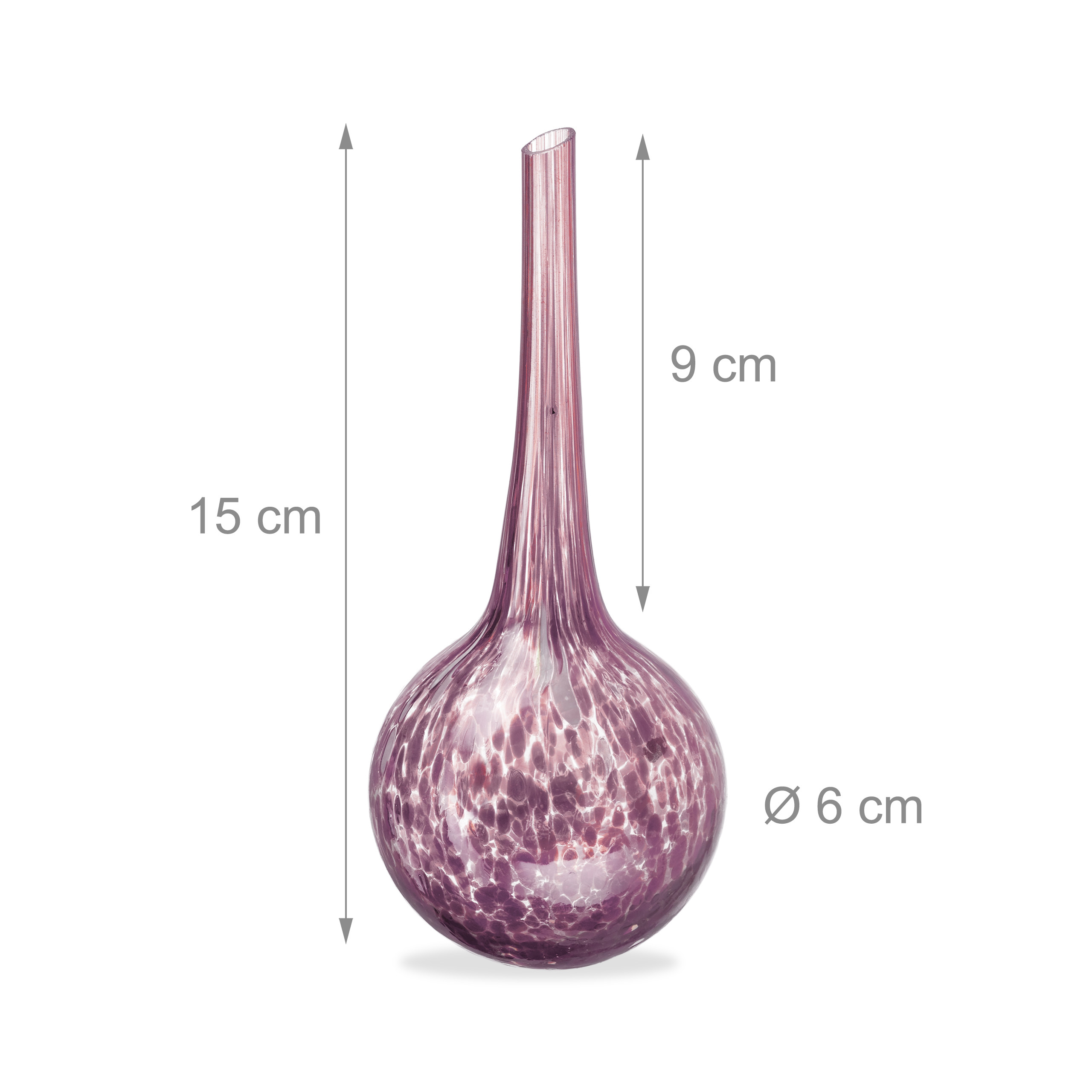 Rosa gefleckte Glasvase mit Abmessungen: Höhe 15 cm, Hals 9 cm, Durchmesser 6 cm.