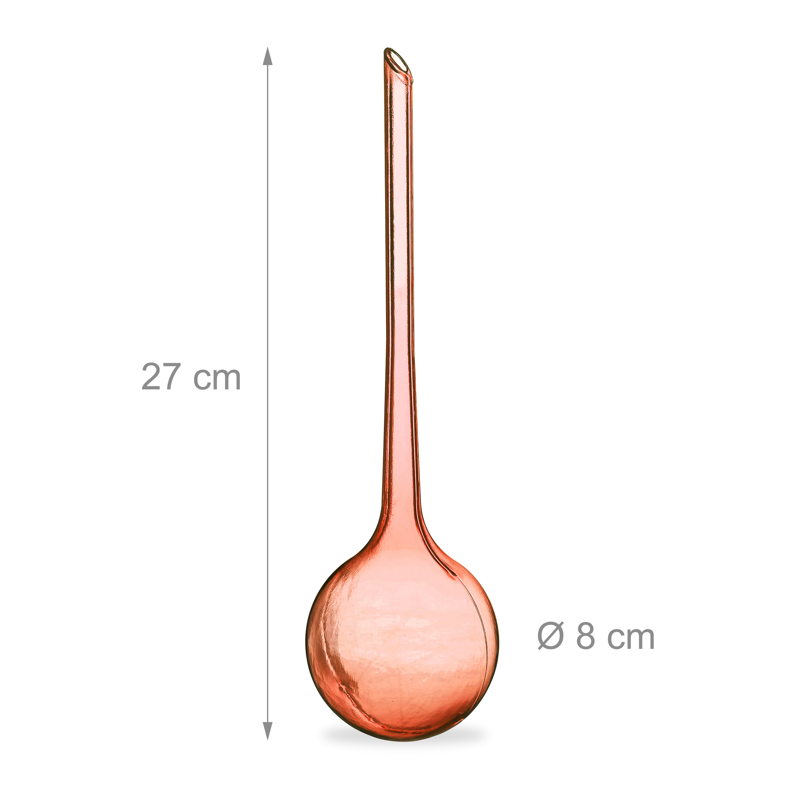 Rosa Glas-Bewässerungskugel mit langem Hals, 27 cm hoch und 8 cm Durchmesser, vor weißem Hintergrund.