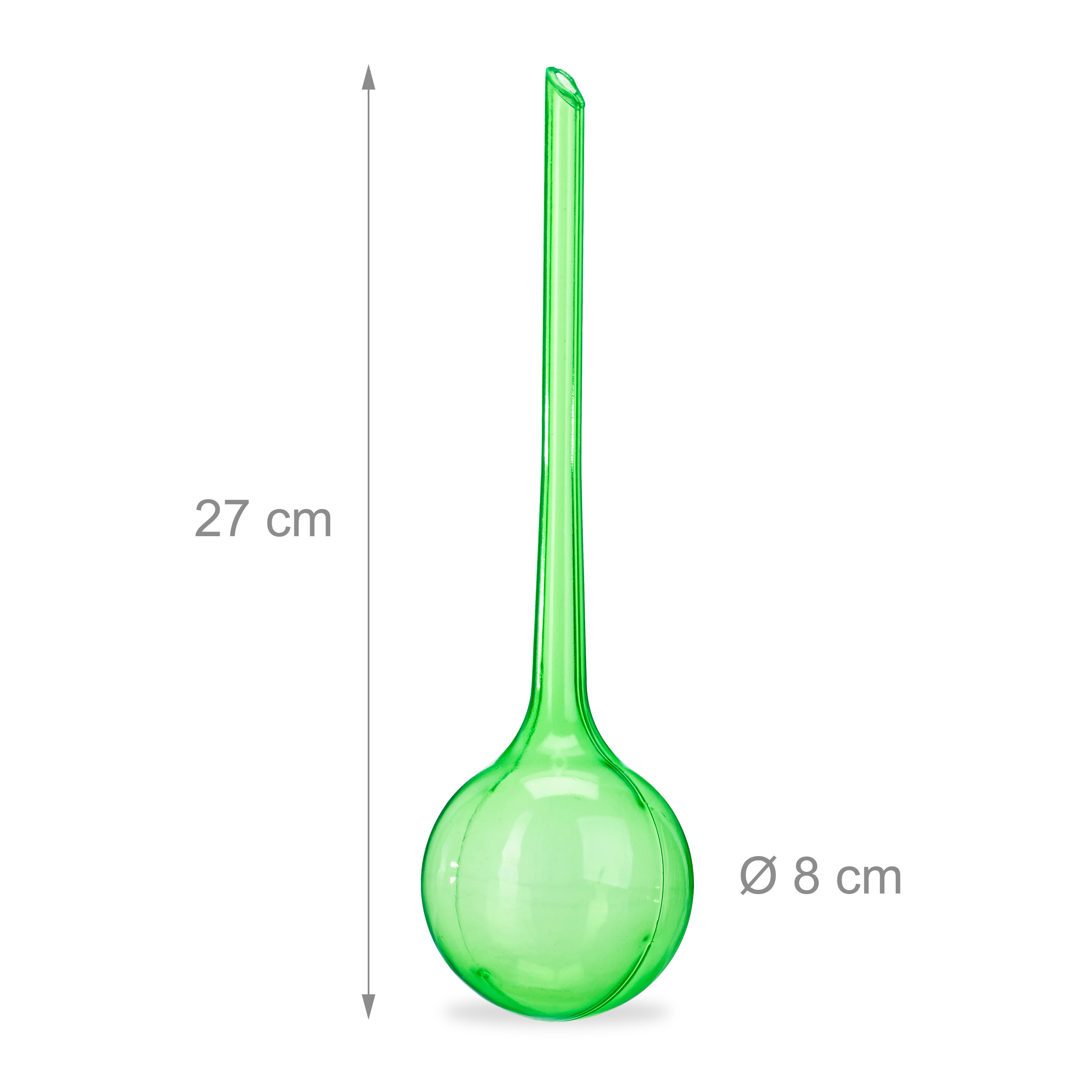 Grünes Bewässerungskugelaus Glas mit 27 cm Höhe und 8 cm Durchmesser auf weißem Hintergrund.