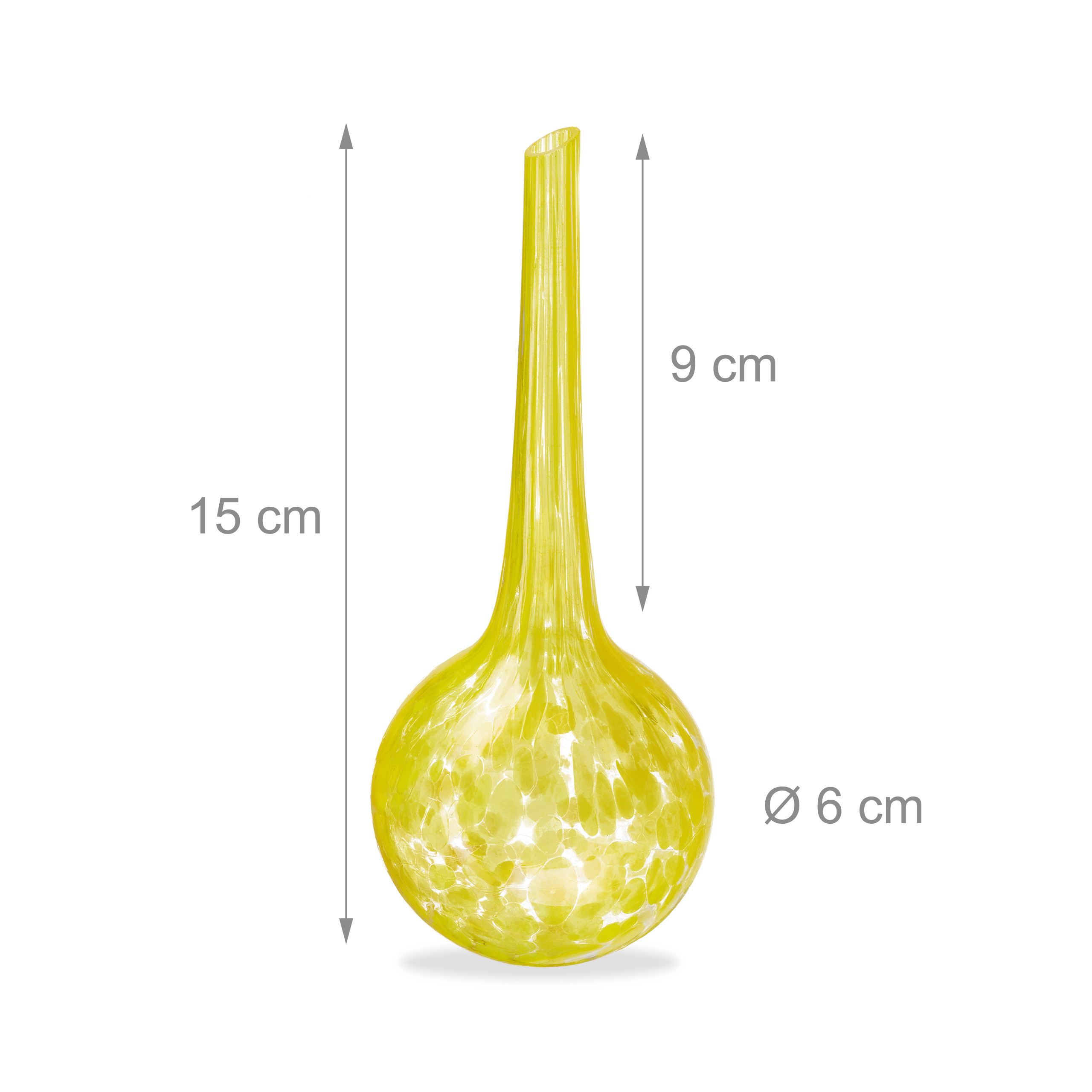 Gelbe Glaskugel mit weißen Punkten, 15 cm hoch, mit Maßpfeilen.