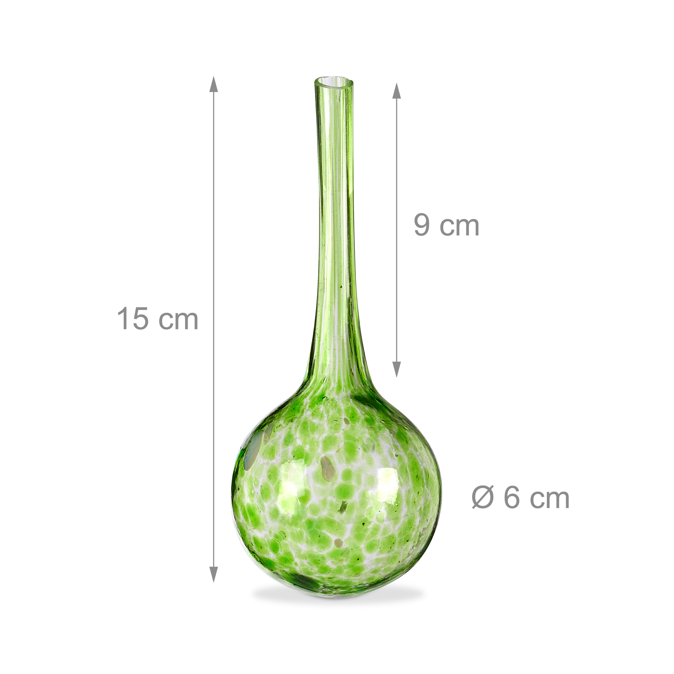 Grüne, gemusterte Glas-Gießkugel mit 15 cm Höhe und 6 cm Durchmesser, inklusive Bemaßungen auf weißem Hintergrund.