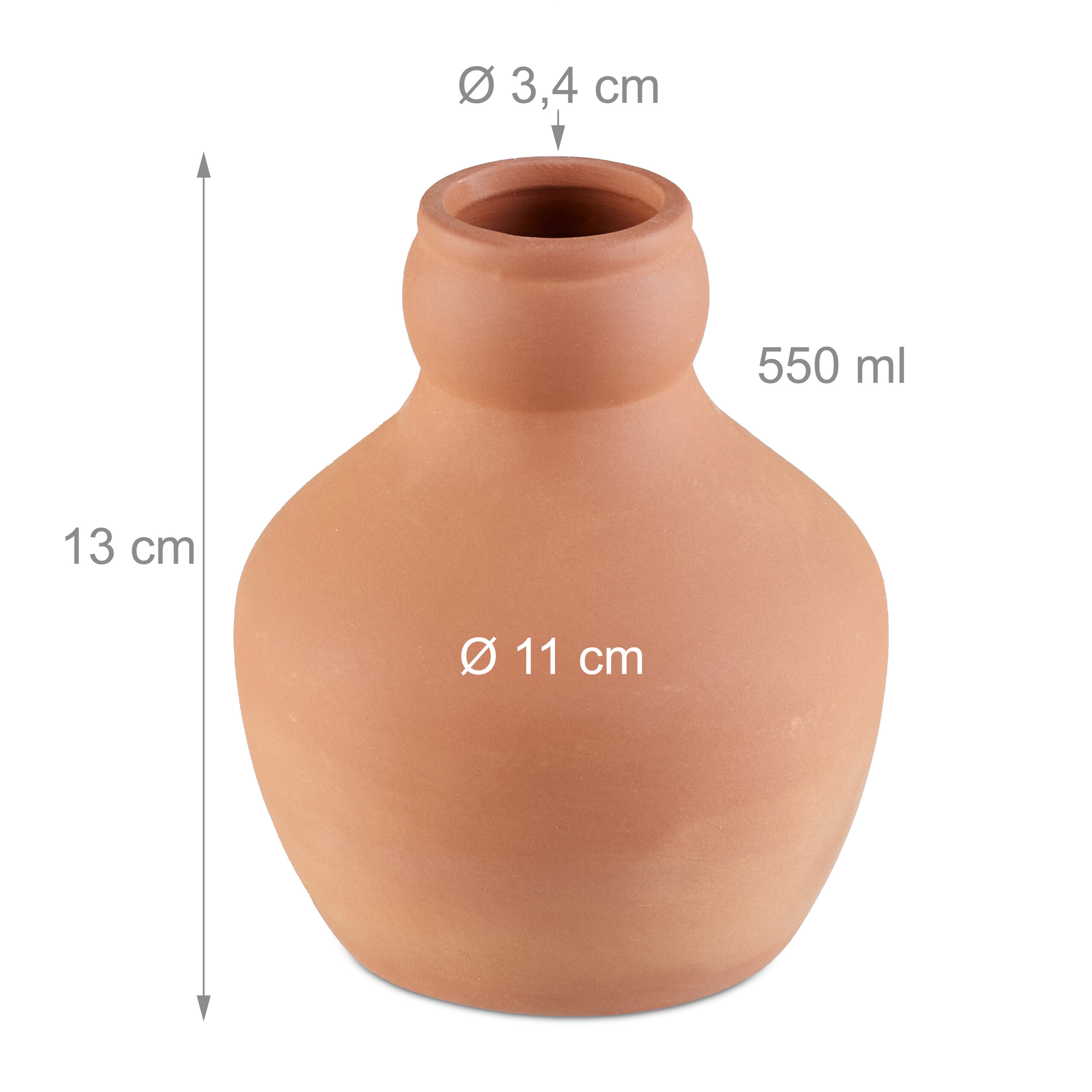 Terracotta-Vase mit Maßangaben: Höhe 13 cm, Durchmesser 11 cm und 3,4 cm, Volumen 550 ml.