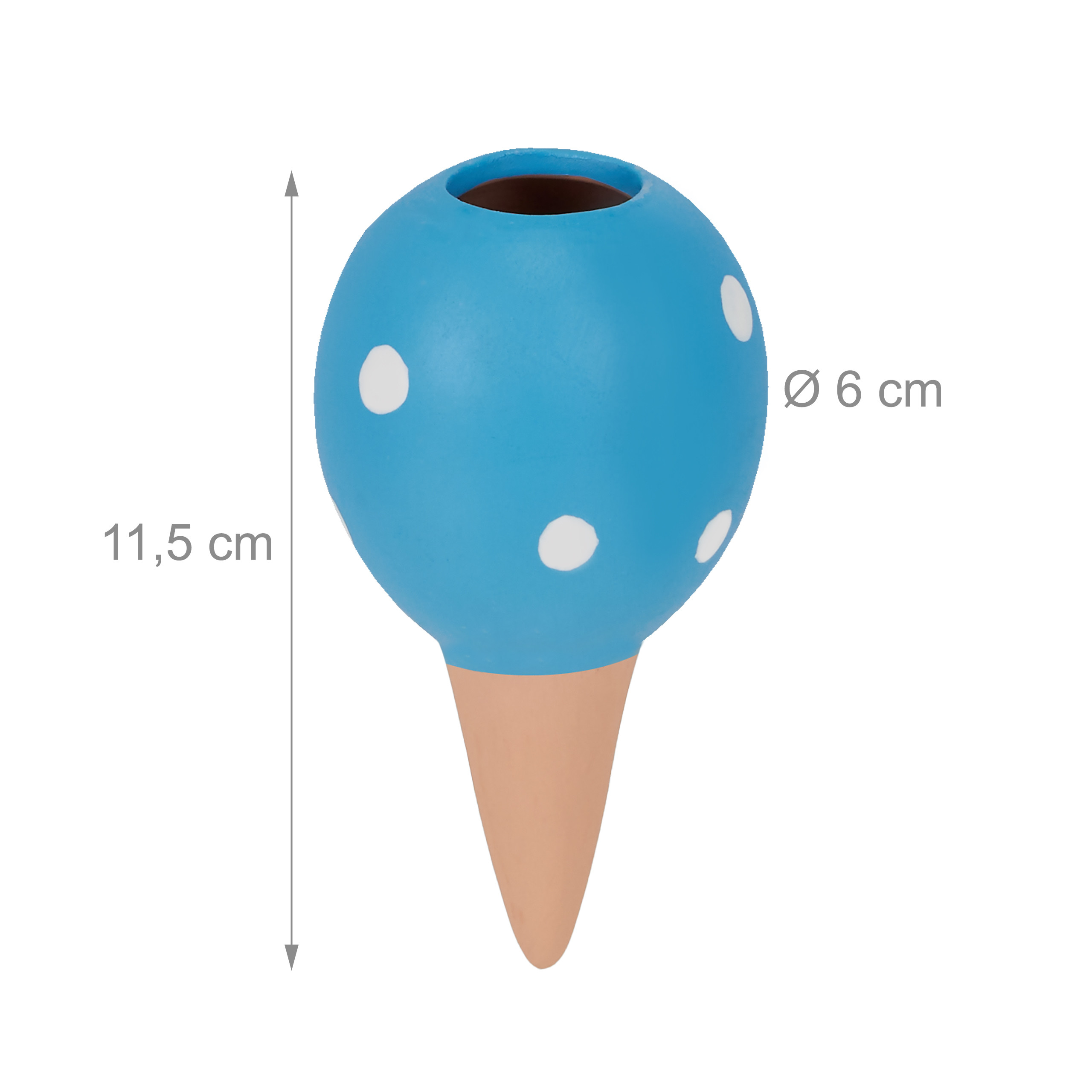 Blauer, punktierter Bewässerungskegel mit Tonspitze, 11,5 cm hoch.