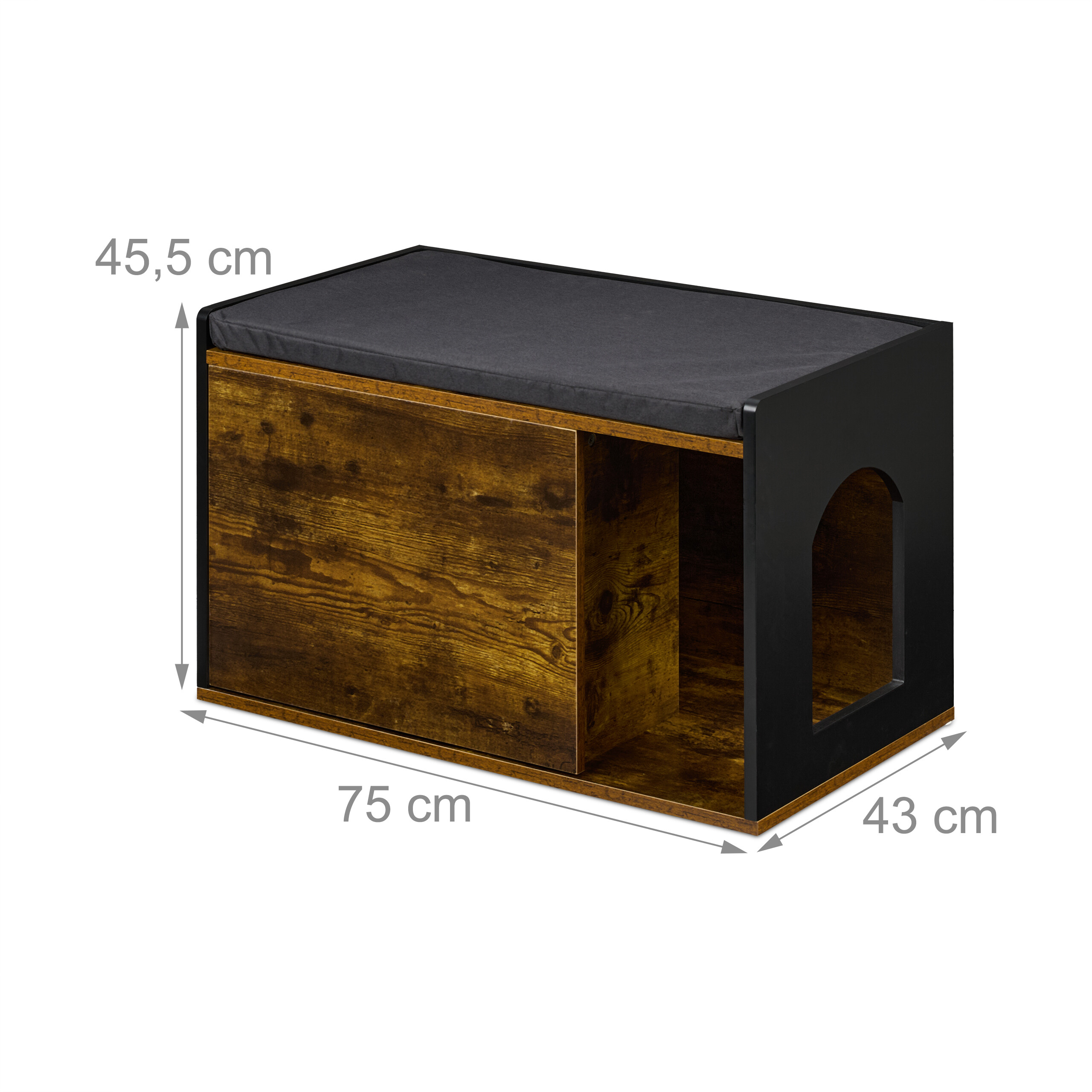 Holz-Tierhaus mit schwarzem Rahmen und Kissen, Maße 75x43x45.5 cm.