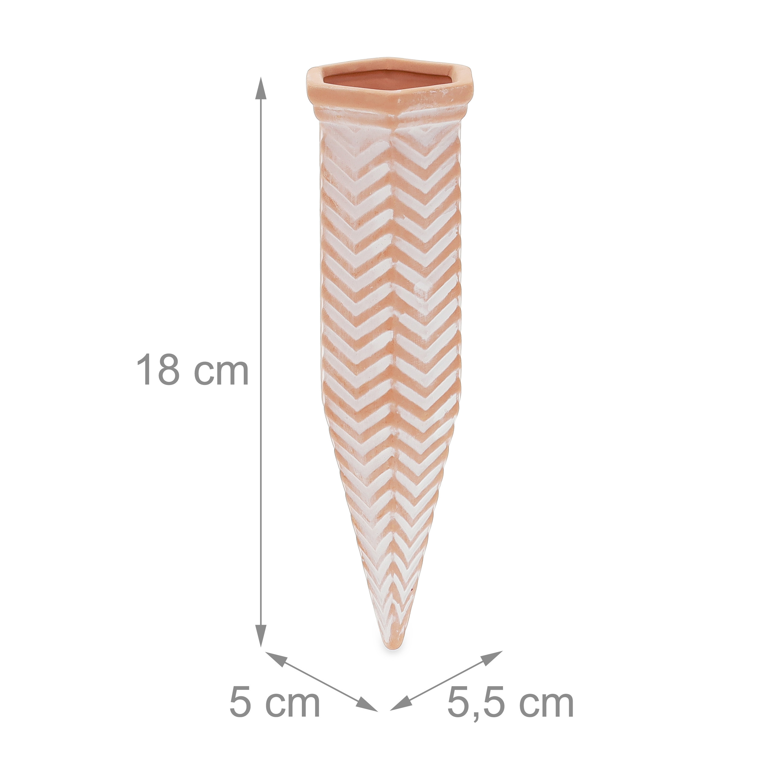 Ein terracottafarbener Pflanzkegel mit weißem Zickzackmuster, 18 cm hoch, mit Maßangaben.