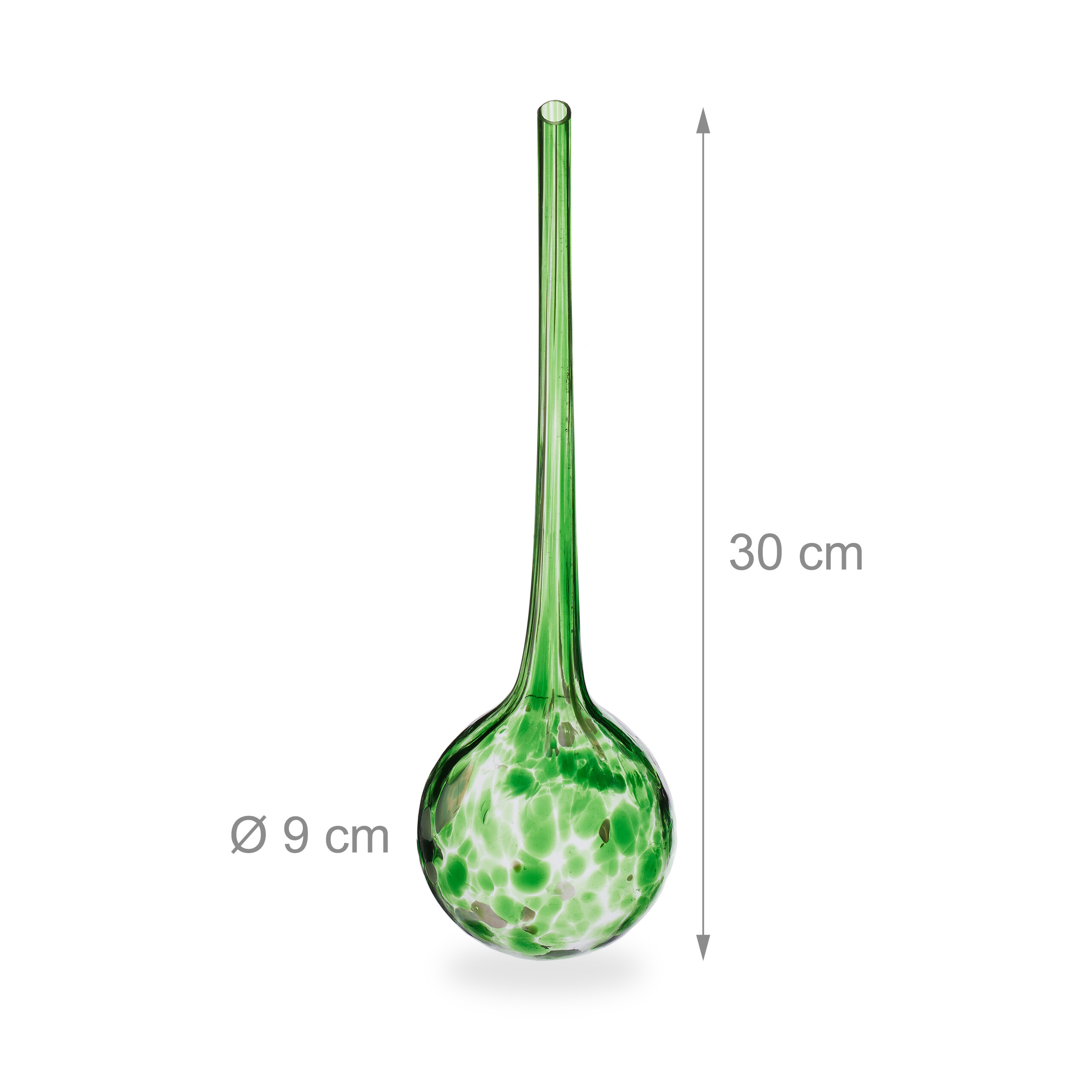 Grüne Glas-Bewässerungskugel mit weißem Muster, 30 cm hoch und 9 cm Durchmesser, auf weißem Hintergrund.